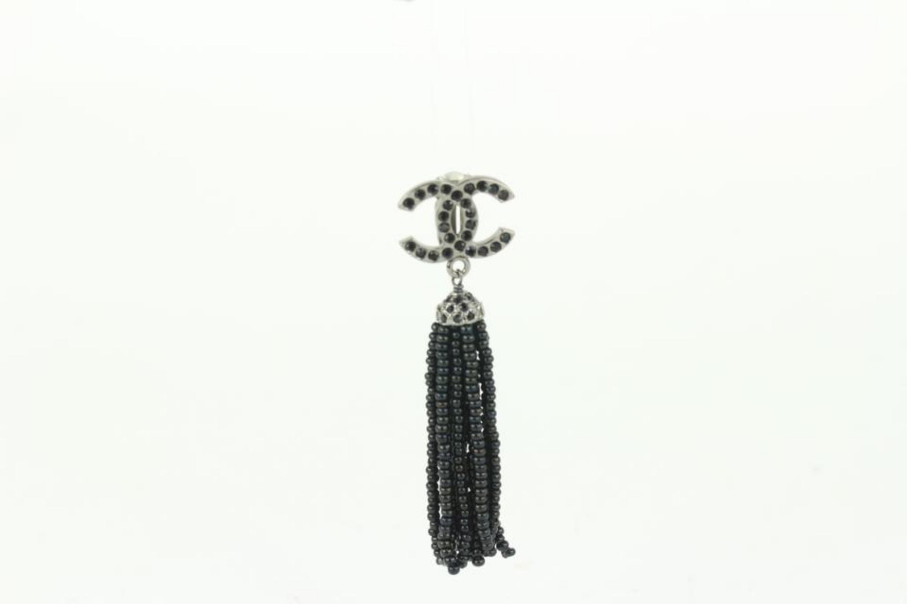 Chanel 09A Black Crystal CC Tassel Earrings 107c45 In Excellent Condition In Dix hills, NY