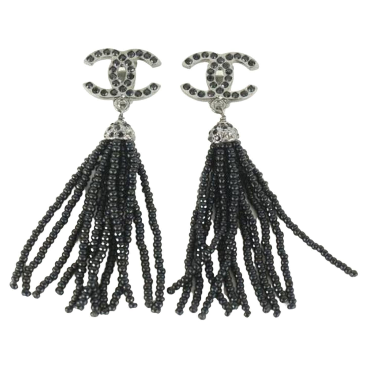 Chanel 09A Black Crystal CC Tassel Earrings 107c45