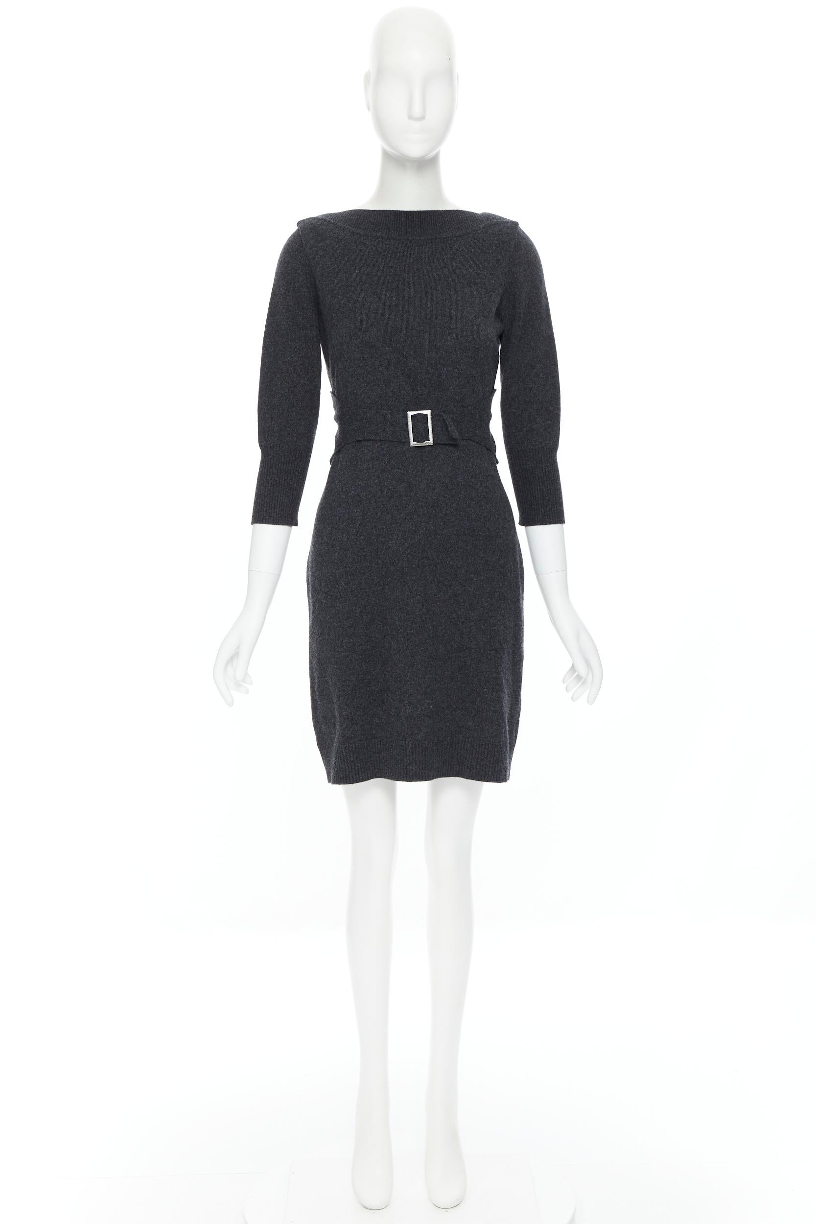 Black CHANEL 09A grey wool cashmere blend silver CC buckle design sweater dress FR38