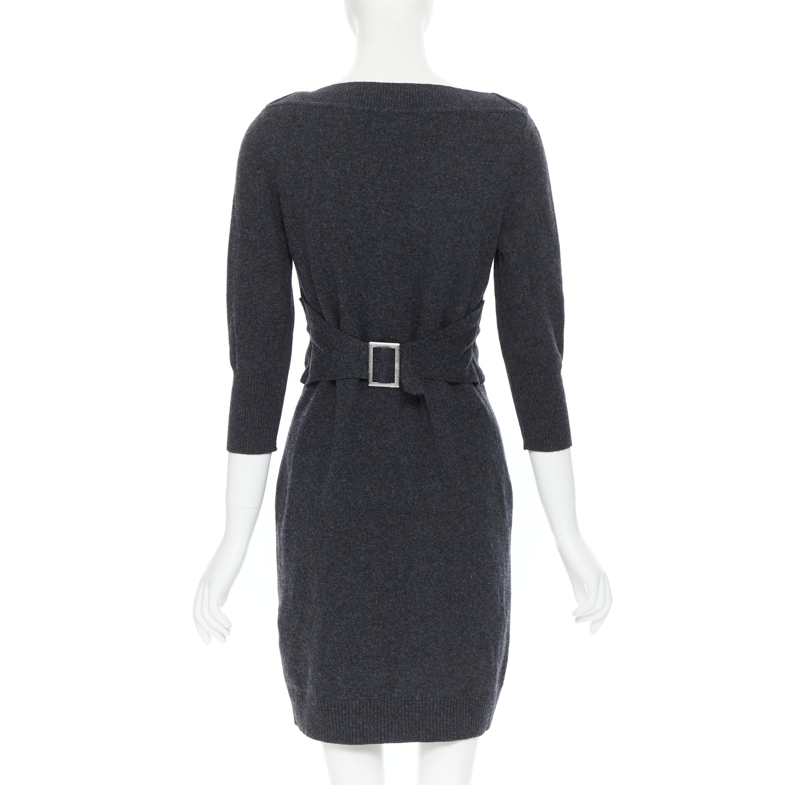 CHANEL 09A grey wool cashmere blend silver CC buckle design sweater dress FR38 1