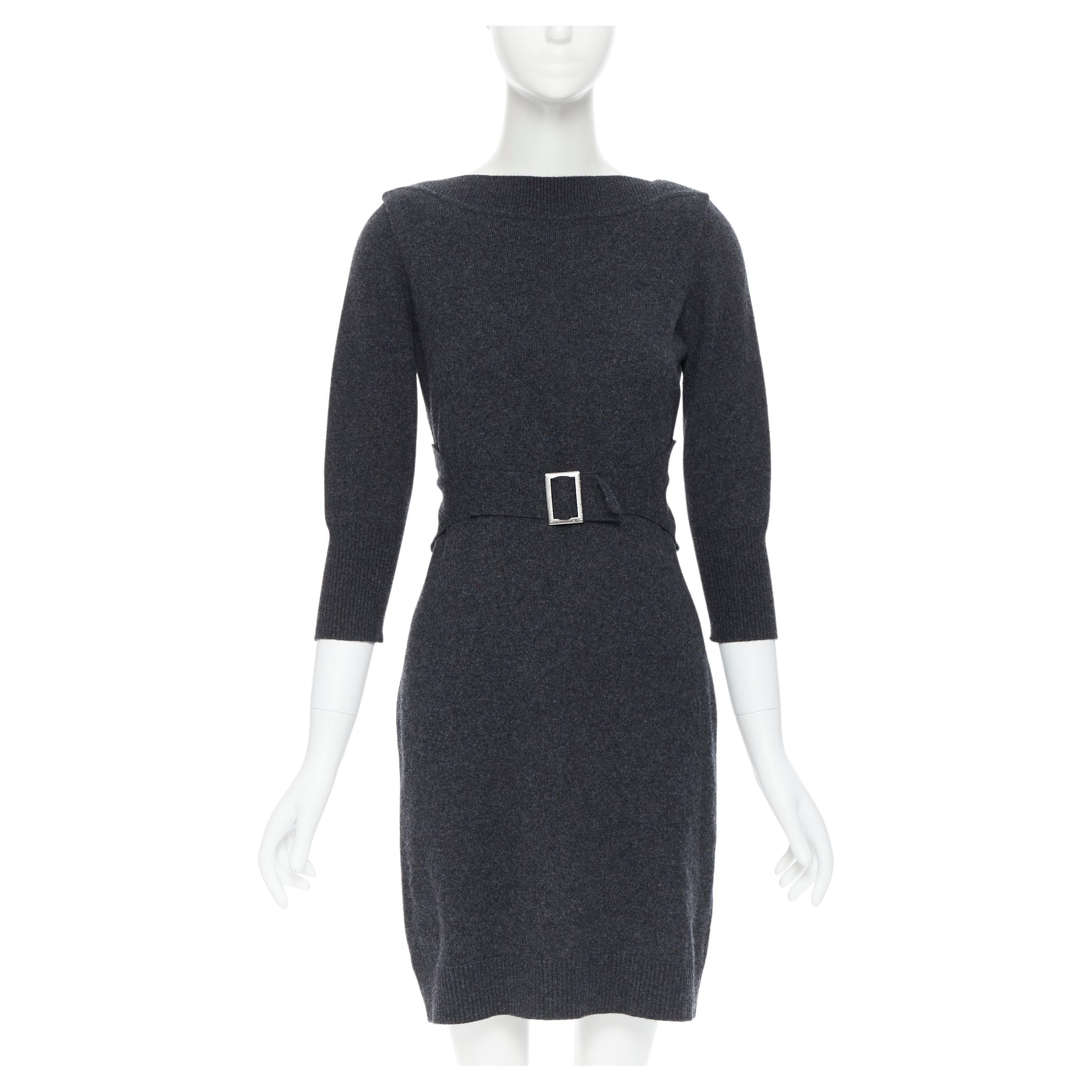 CHANEL 09A grey wool cashmere blend silver CC buckle design sweater dress FR38