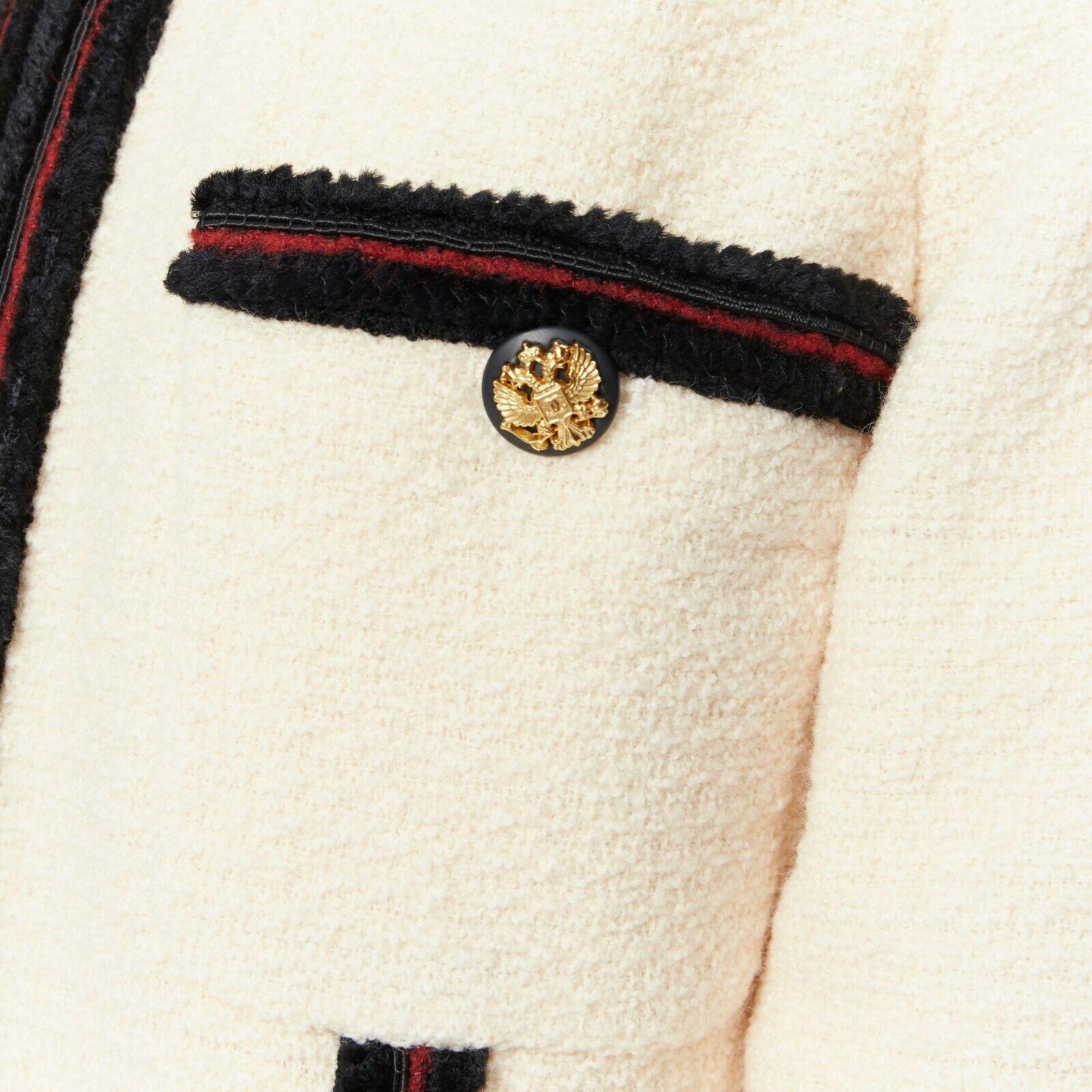 CHANEL 09A Paris-Moscou ecru wool tweed fuzzy trim officer jacket FR44 2
