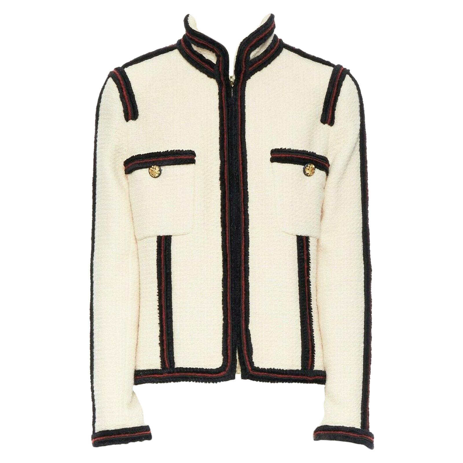 CHANEL 09A Paris-Moscou ecru wool tweed fuzzy trim officer jacket FR44
