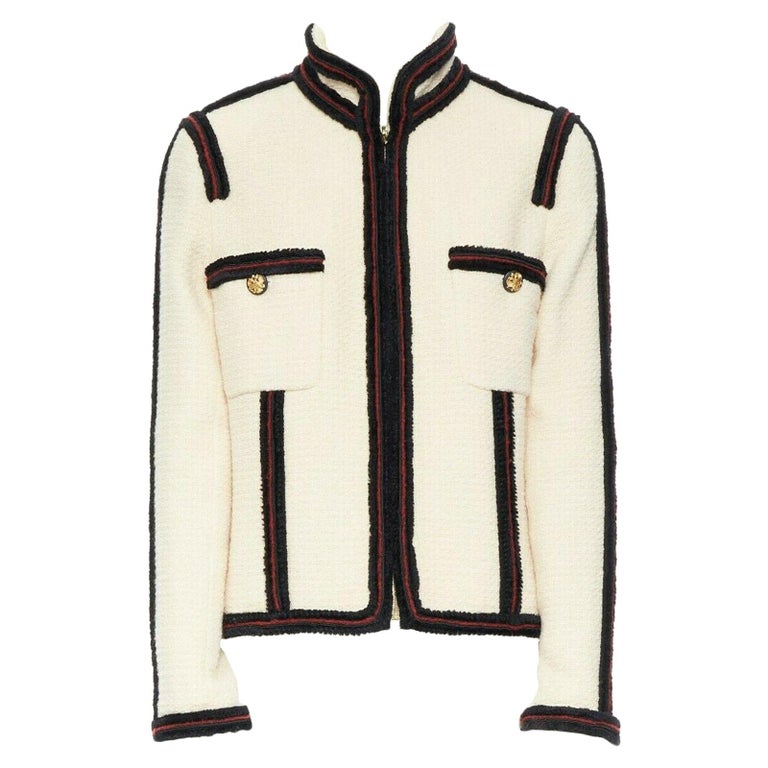 CHANEL 09A Paris-Moscou ecru wool tweed fuzzy trim officer jacket FR44 ...