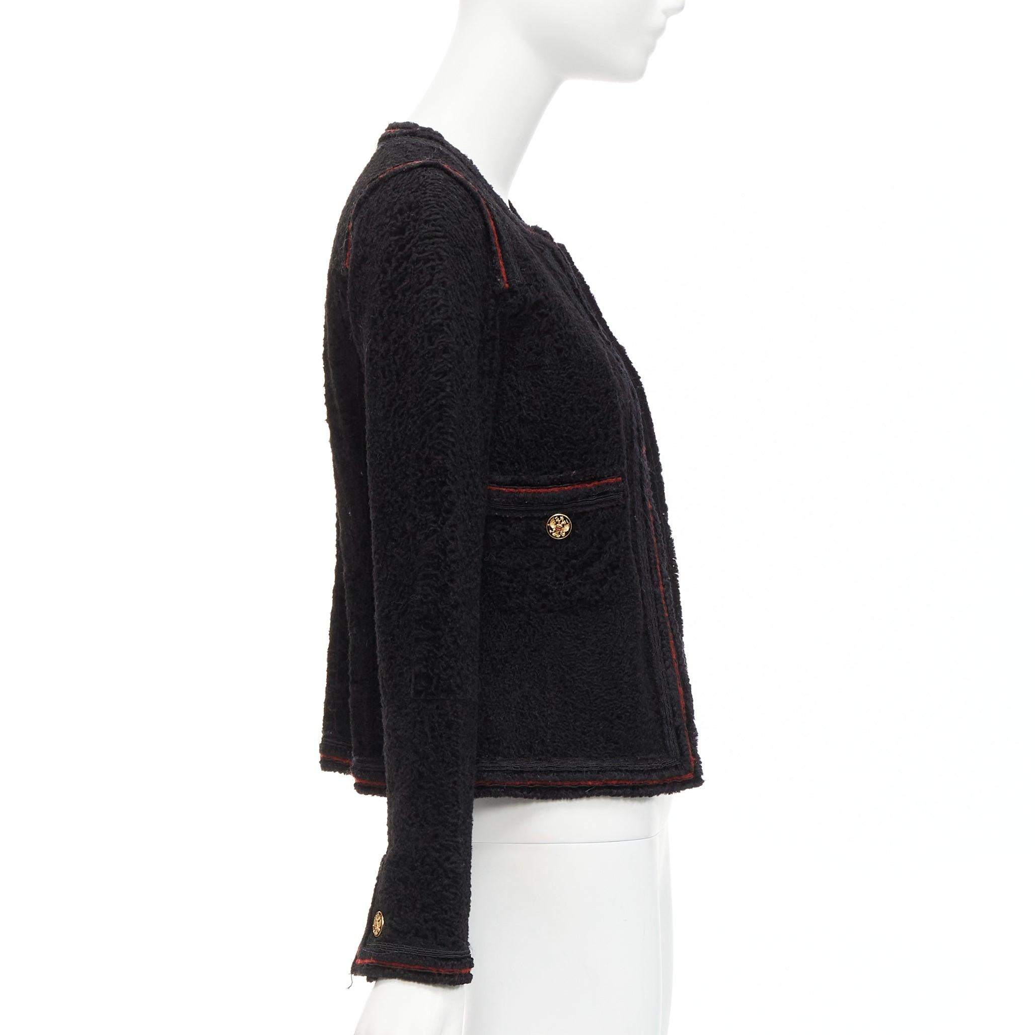 CHANEL 09A Paris Moskau Schwarze Tweed-Lederjacke mit CC-Logo gefüttert FR34 XS Damen im Angebot