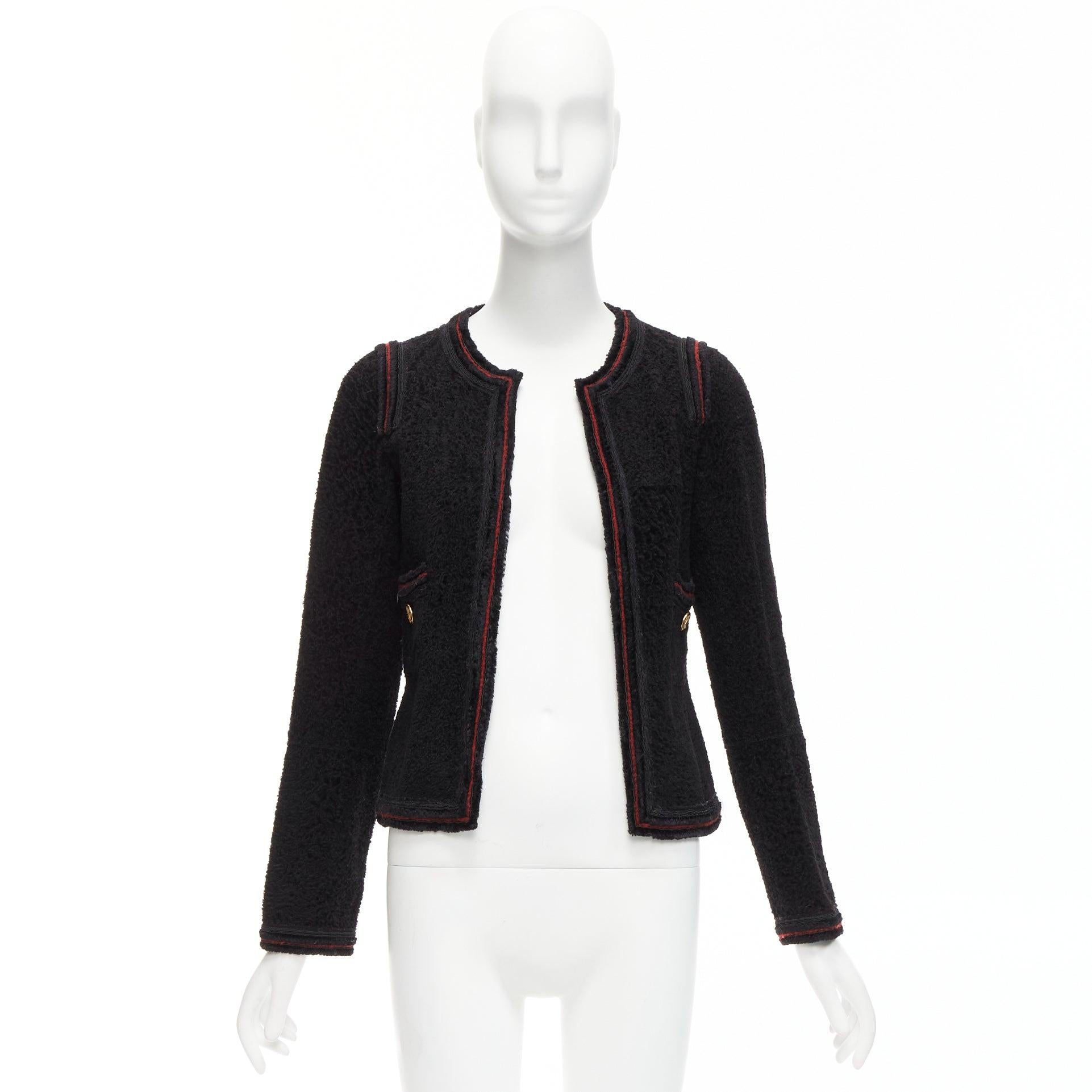 CHANEL 09A Paris Moscow black tweed leather lined CC logo jacket FR34 XS For Sale 4