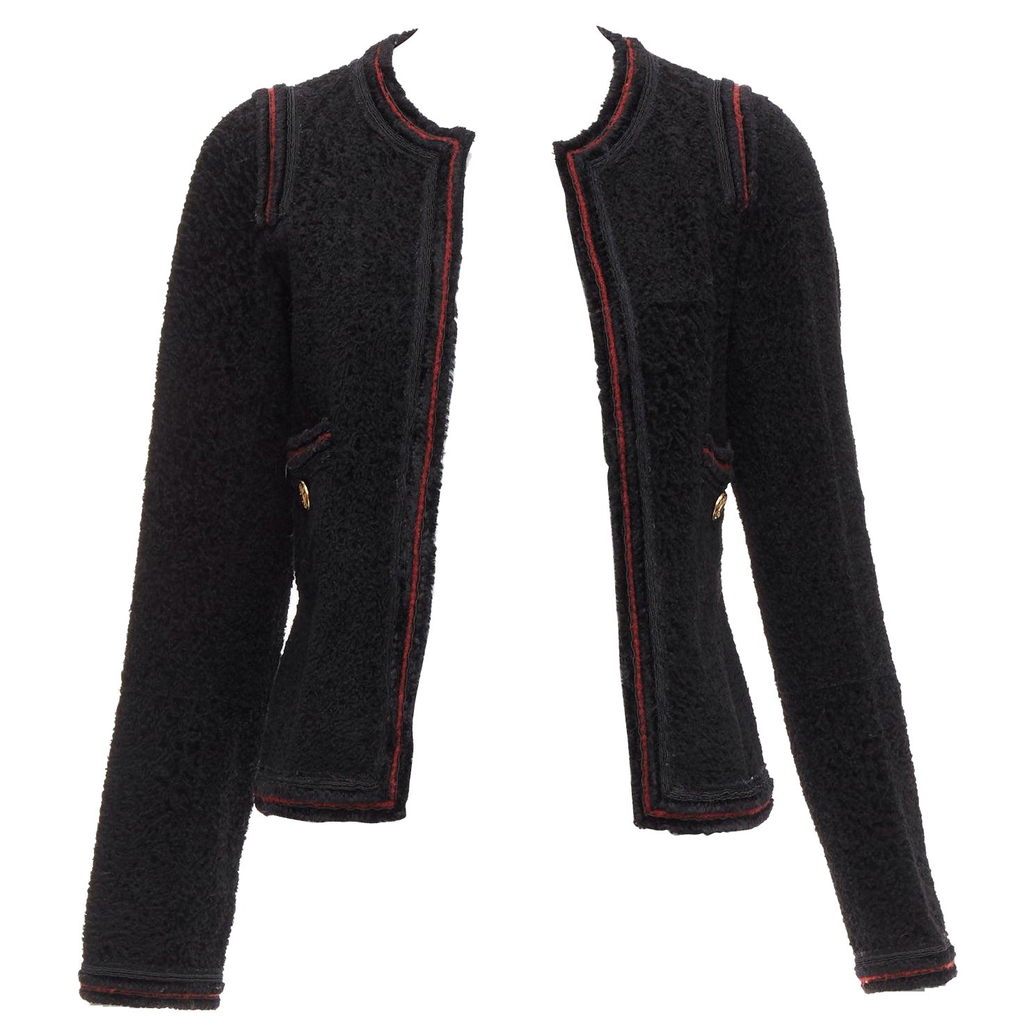 CHANEL 09A Paris Moscow black tweed leather lined CC logo jacket FR34 XS