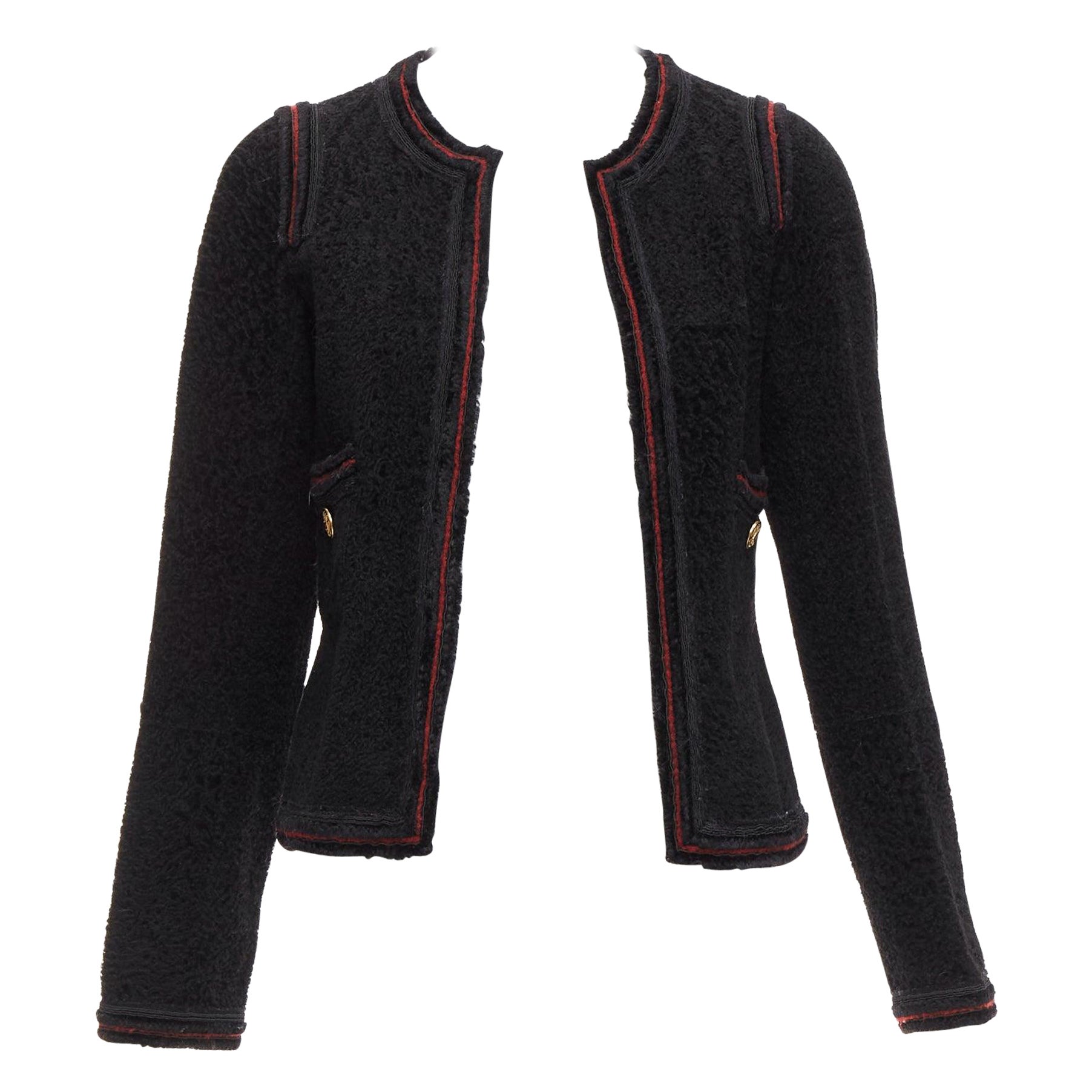 CHANEL 09A Paris Moscow black tweed leather lined CC logo jacket FR34 XS For Sale
