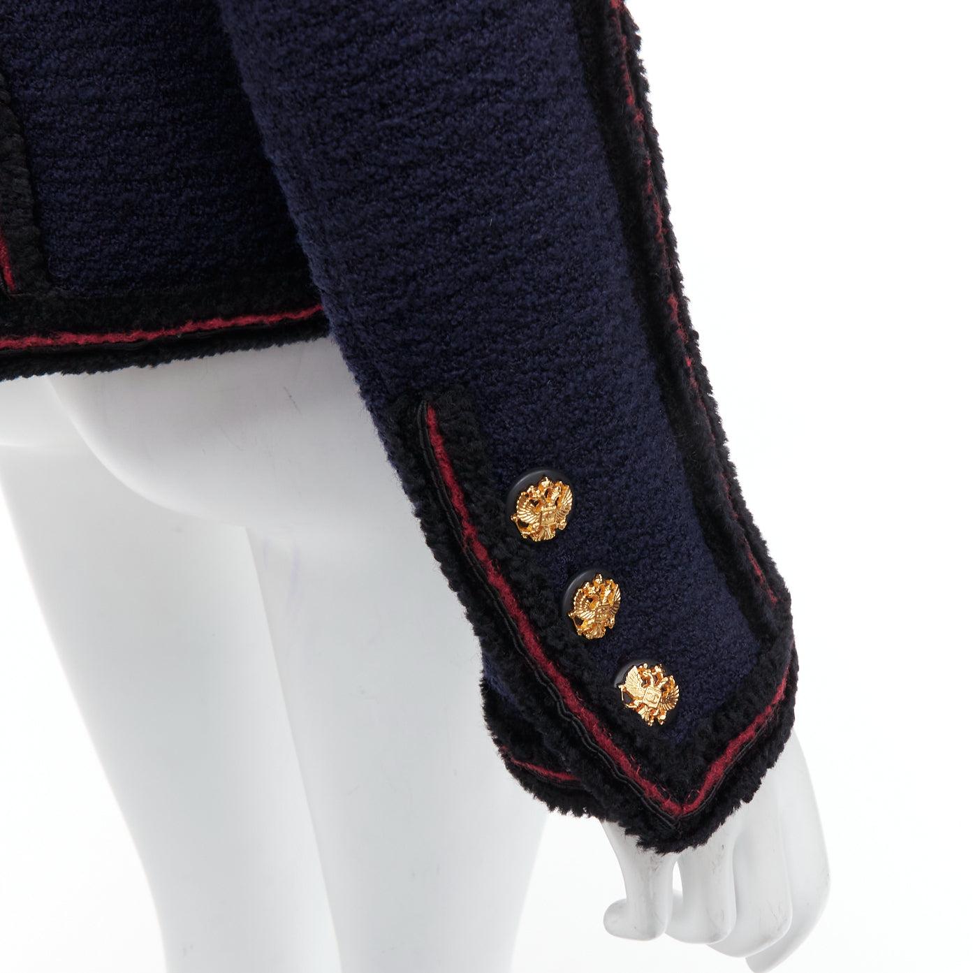 CHANEL 09A Ruway Paris Moscow Runway navy tweed imperial button officer jacket FR46
Reference: BMPA/A00268
Brand: Chanel
Designer: Karl Lagerfeld
Model: P3892V24261
Collection: 09A Metiers d'Art Paris-Moscow Look 20 - Runway
Material: Tweed
Color: