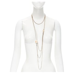 CHANEL 09C orange CC print faux pearl multi silver chain long necklace