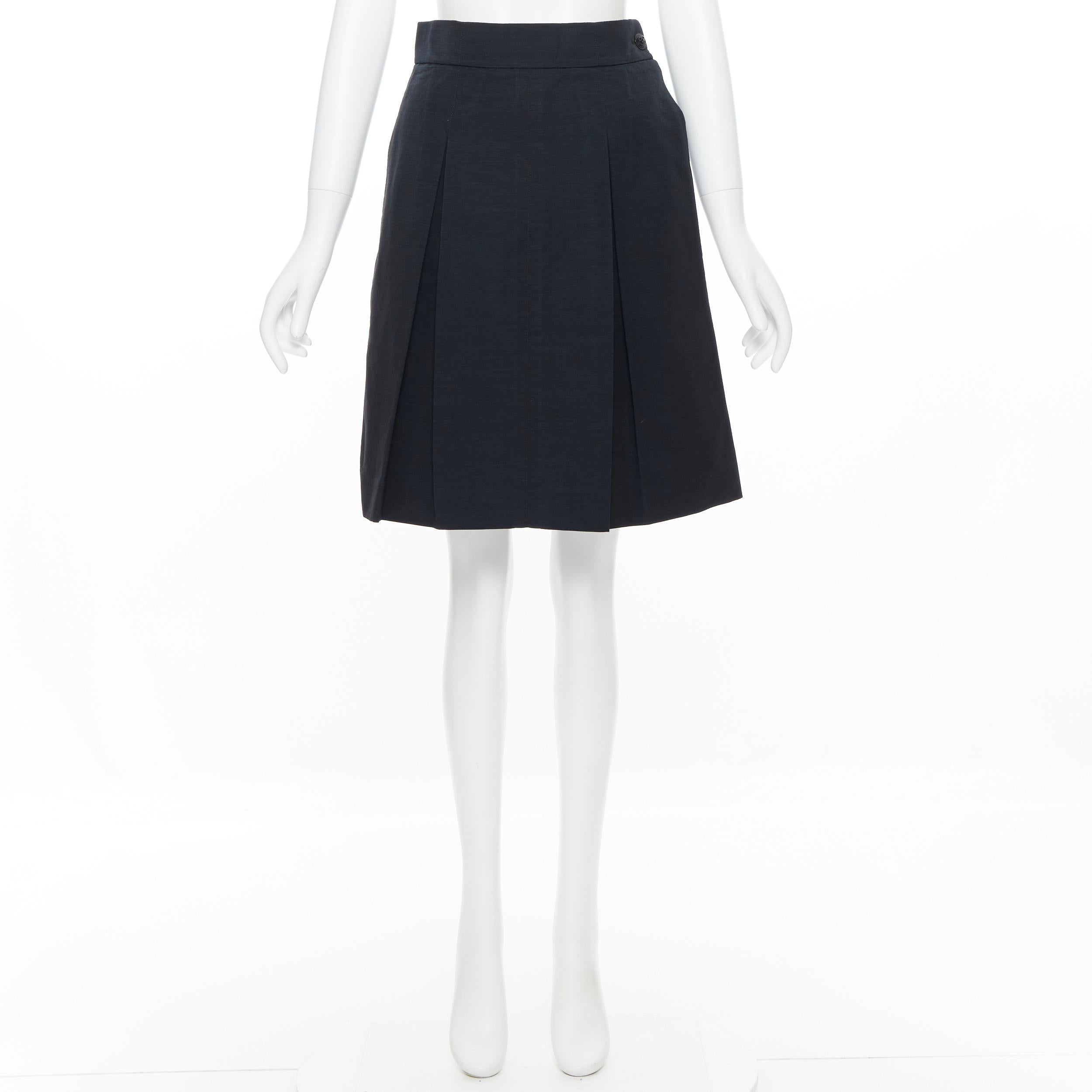 Black CHANEL 09P black textured cotton CC button waist box pleat flared skirt Fr36 S