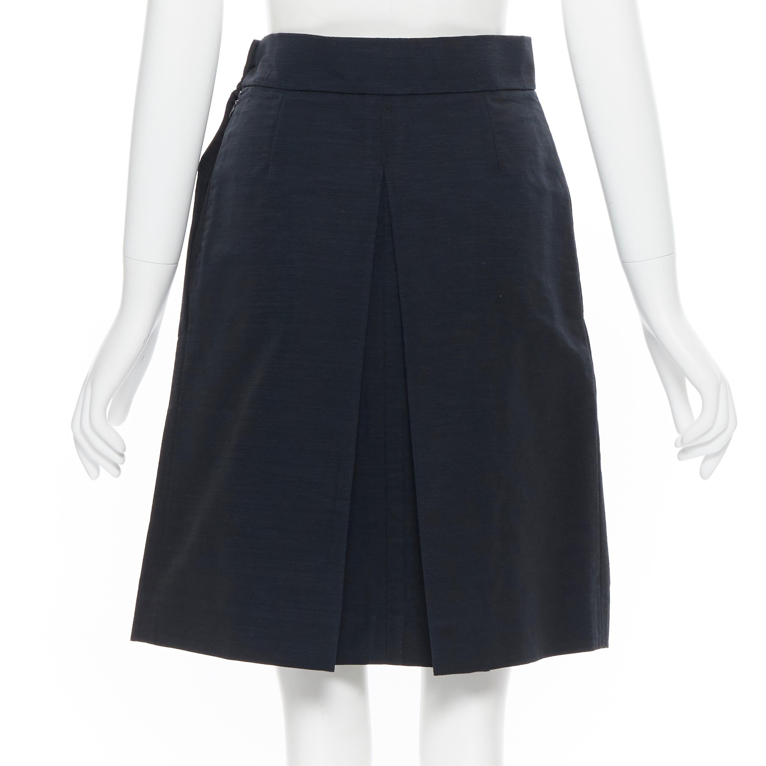 CHANEL 09P black textured cotton CC button waist box pleat flared skirt Fr36 S 1