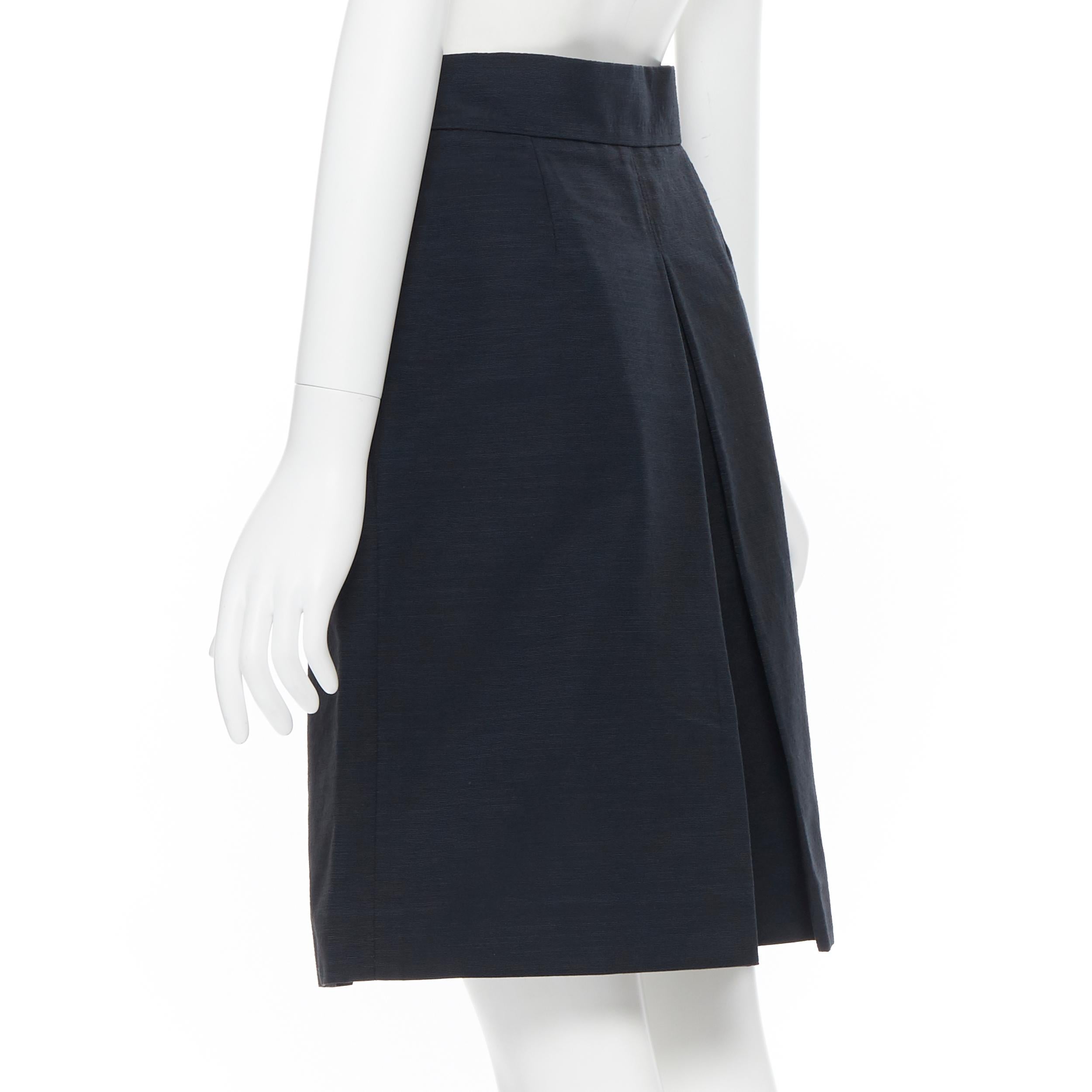 CHANEL 09P black textured cotton CC button waist box pleat flared skirt Fr36 S 2