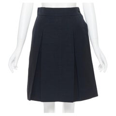 CHANEL 09P black textured cotton CC button waist box pleat flared skirt Fr36 S