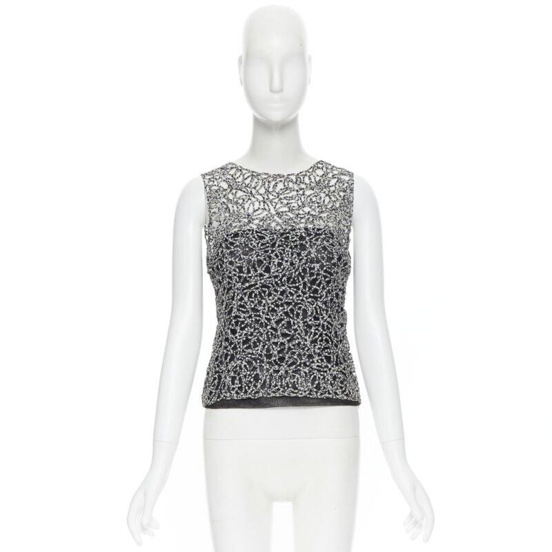 Women's CHANEL 09P black white abstract print squiggle lattice sleeveless vest top FR36