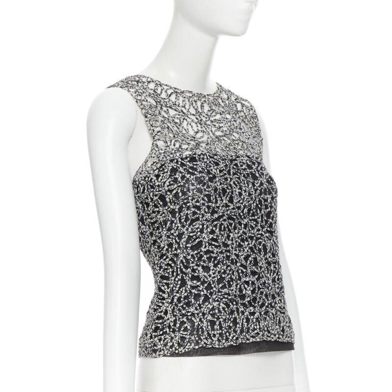 CHANEL 09P black white abstract print squiggle lattice sleeveless vest top FR36 1