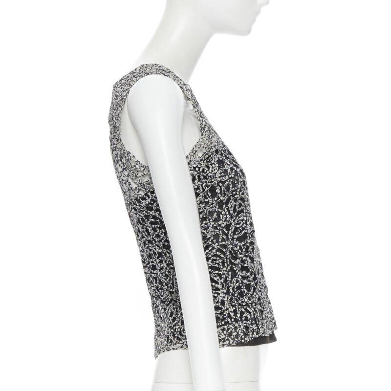 CHANEL 09P black white abstract print squiggle lattice sleeveless vest top FR36 2