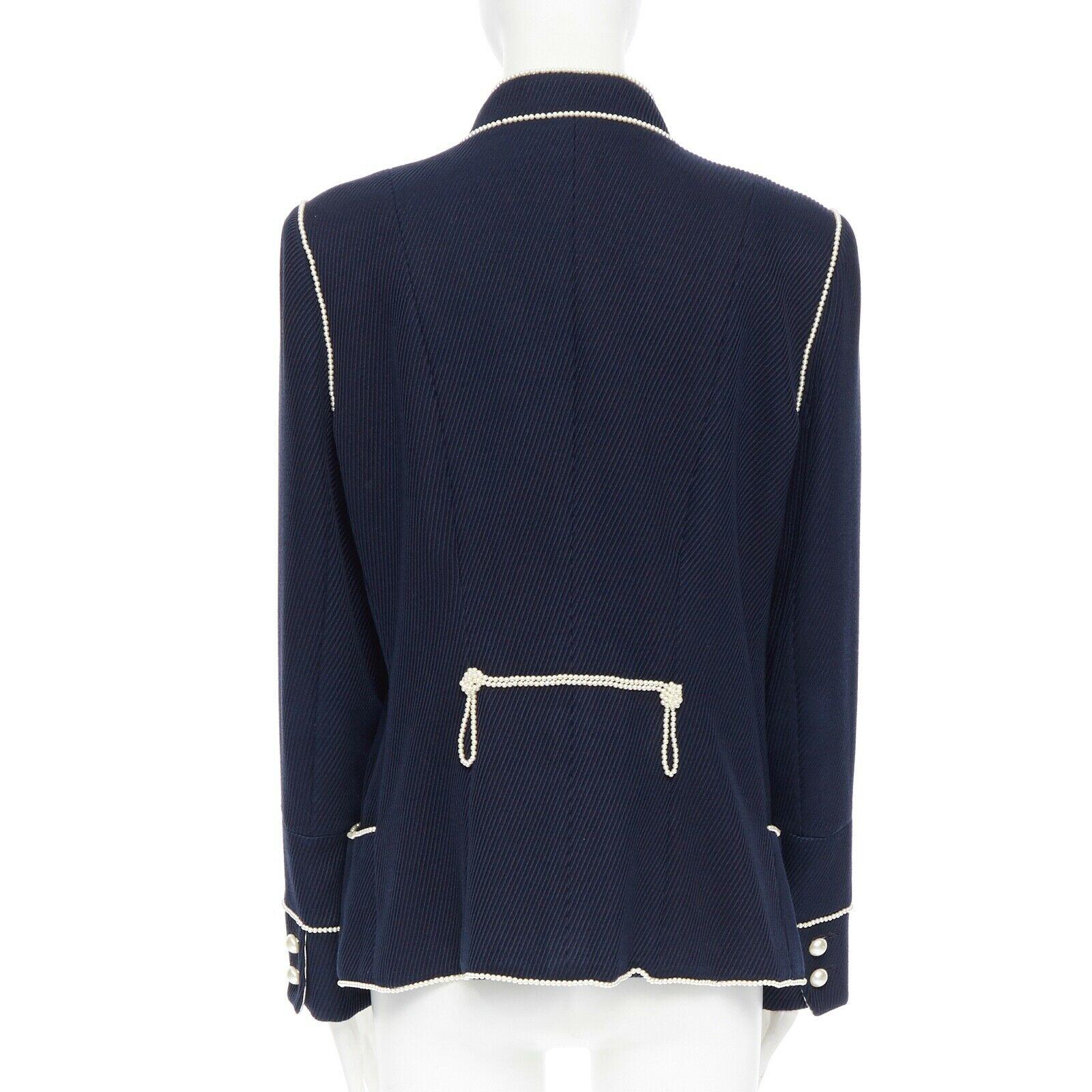 CHANEL 09P navy blue twill trompe loeil white pearl military jacket FR48 In Good Condition In Hong Kong, NT
