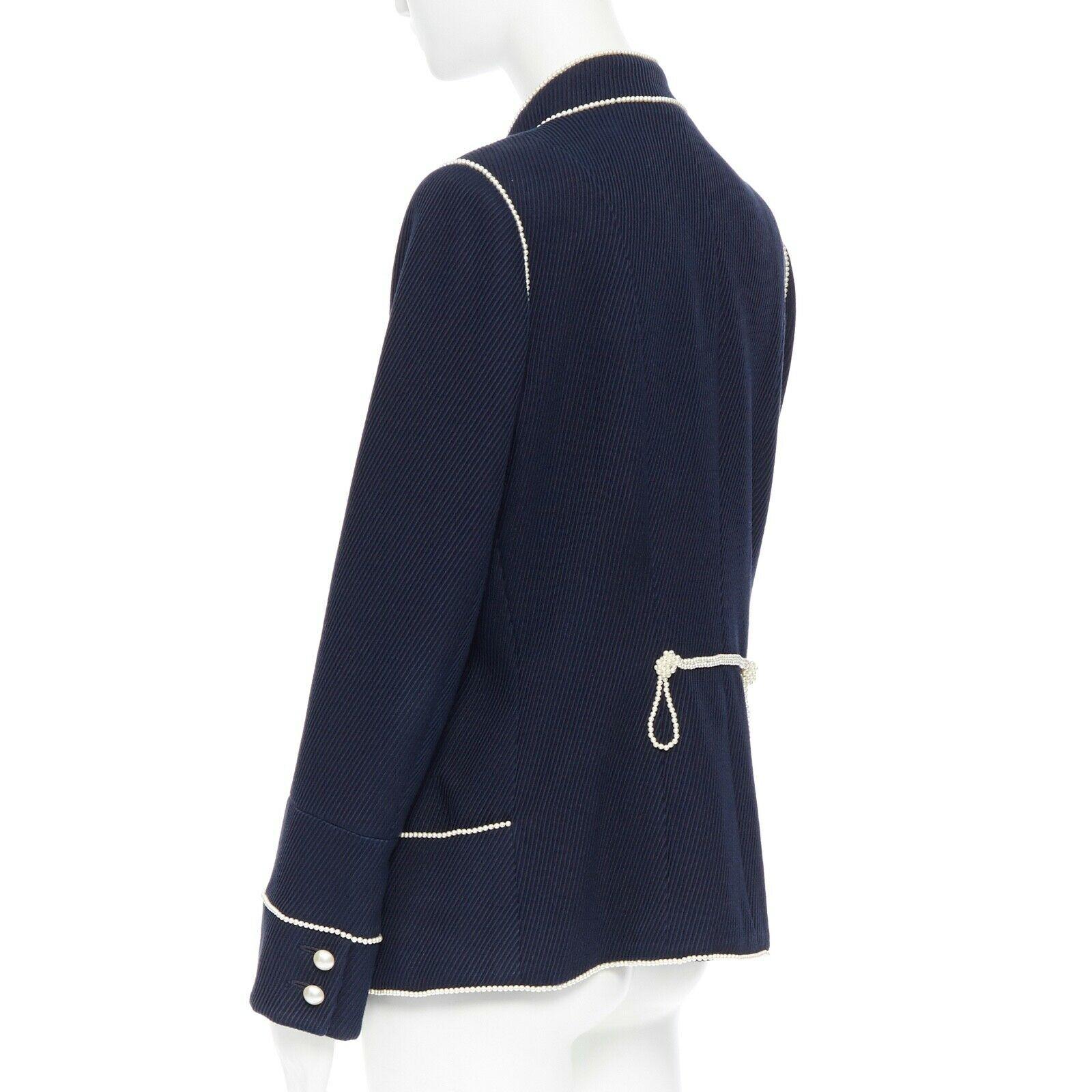 Women's CHANEL 09P navy blue twill trompe loeil white pearl military jacket FR48