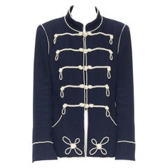 CHANEL 09P navy blue twill trompe loeil white pearl military jacket FR48