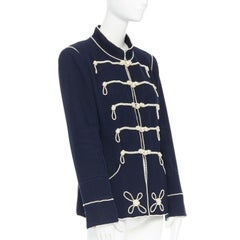 CHANEL 09P navy blue twill trompe loeil white pearl military jacket FR48