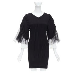 CHANEL 09P Runway Vintage black cream cotton puff tulle sleeve dress FR38 M