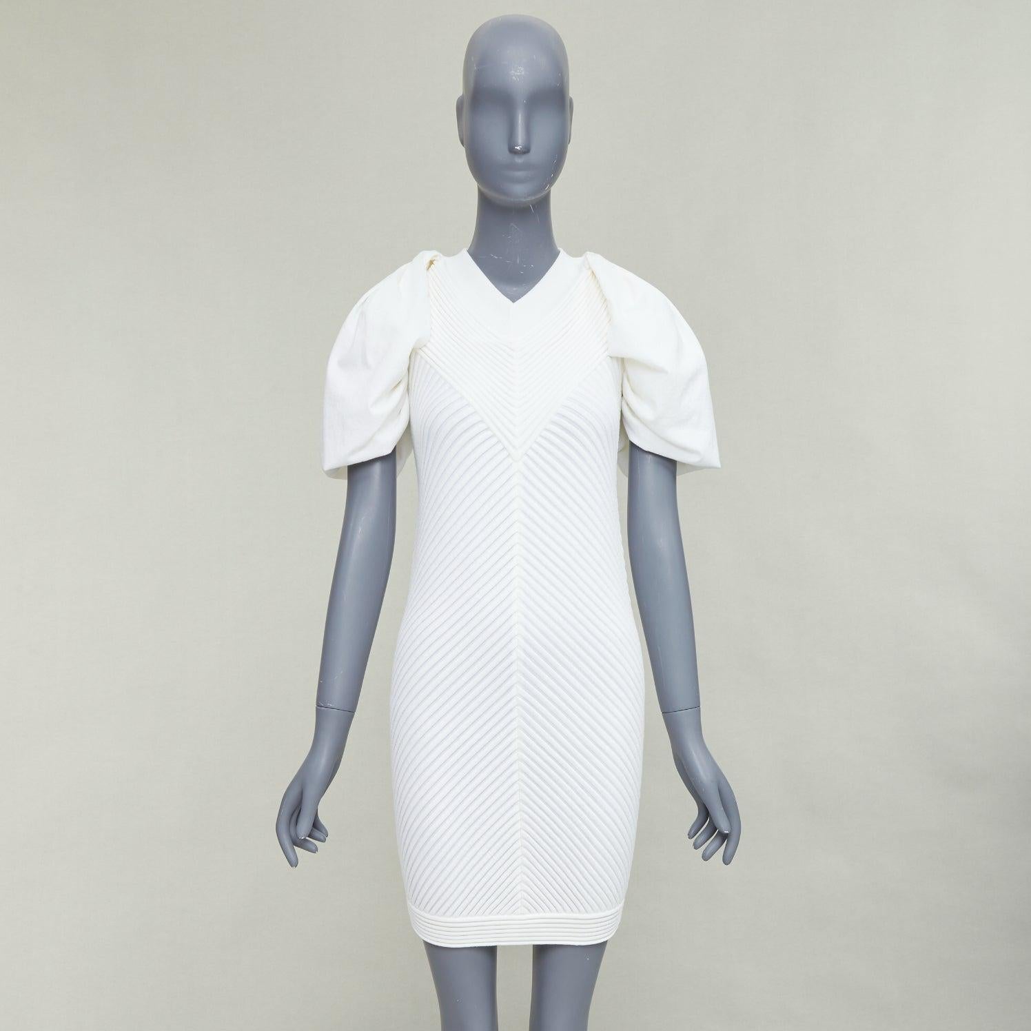 CHANEL 09P white cotton blend chevron puff sleeve CC buttons knit dress FR34 XS For Sale 5