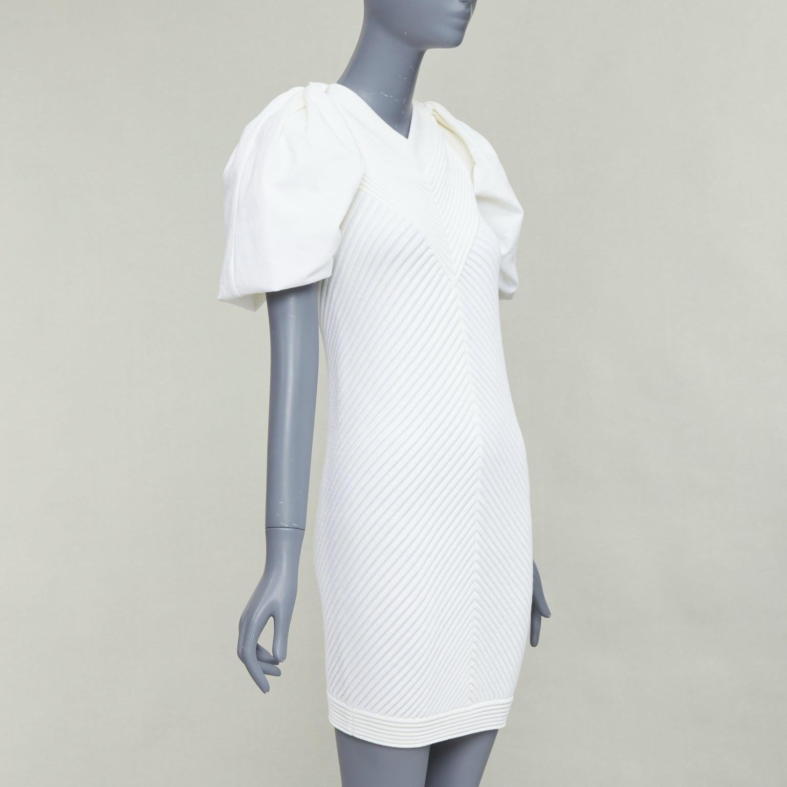 Gray CHANEL 09P white cotton blend chevron puff sleeve CC buttons knit dress FR34 XS For Sale