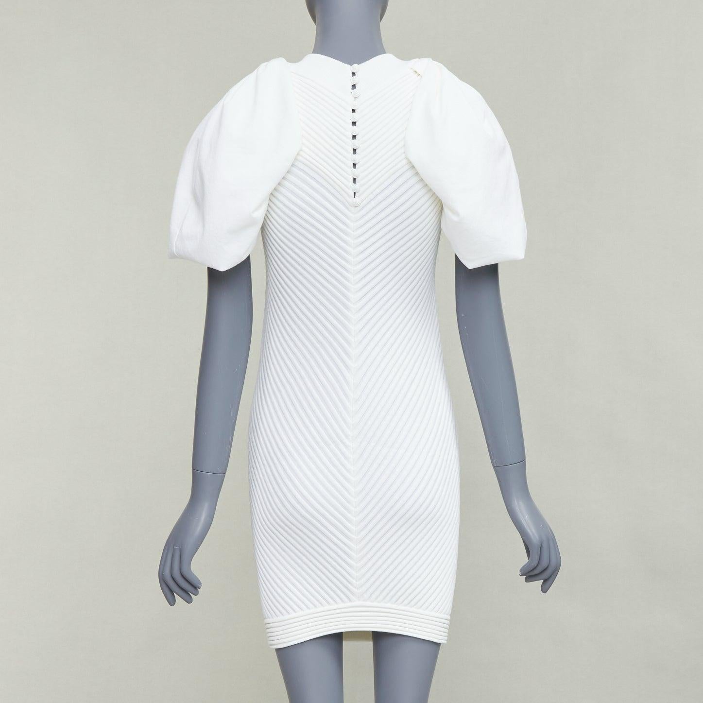 Women's CHANEL 09P white cotton blend chevron puff sleeve CC buttons knit dress FR34 XS For Sale