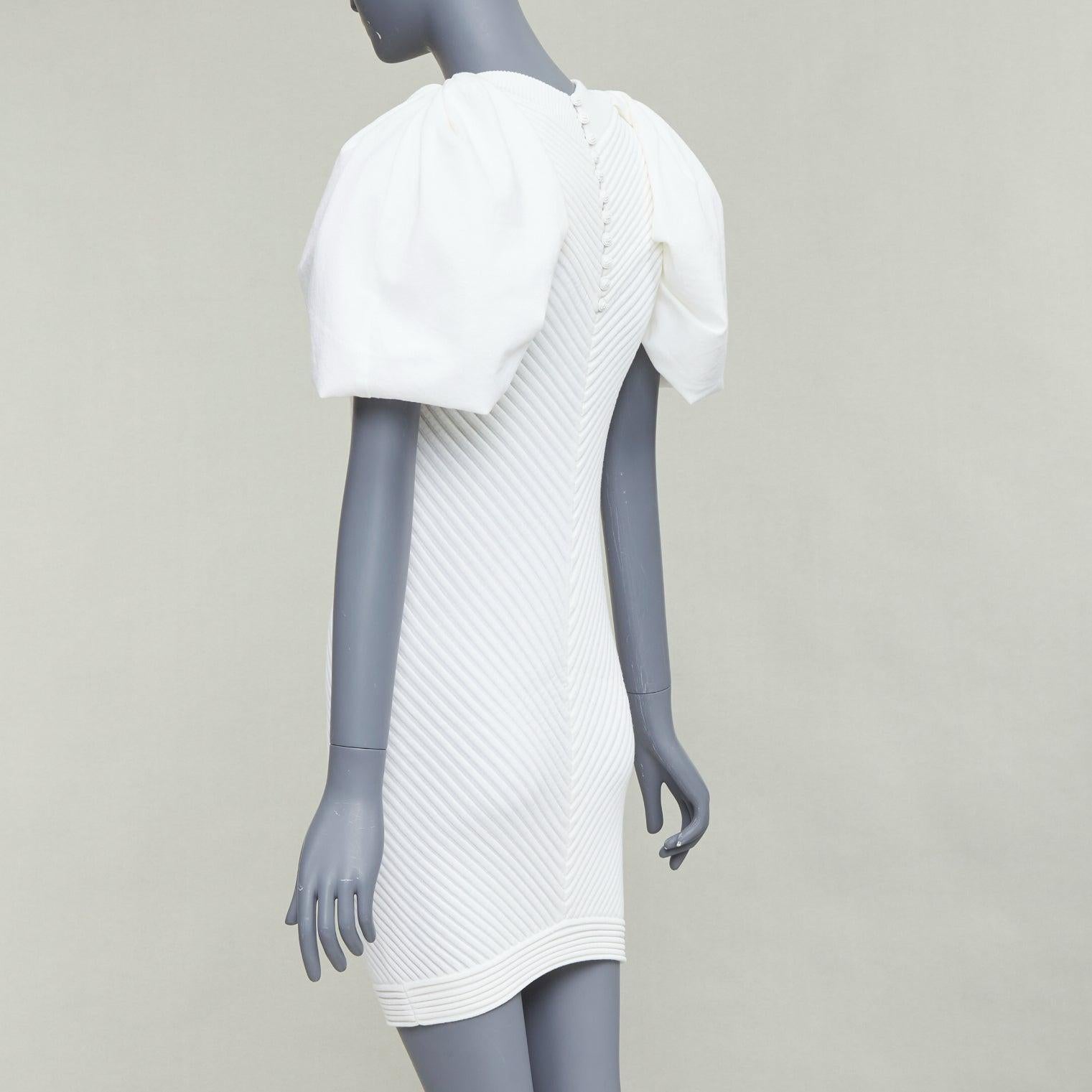 CHANEL 09P white cotton blend chevron puff sleeve CC buttons knit dress FR34 XS For Sale 1