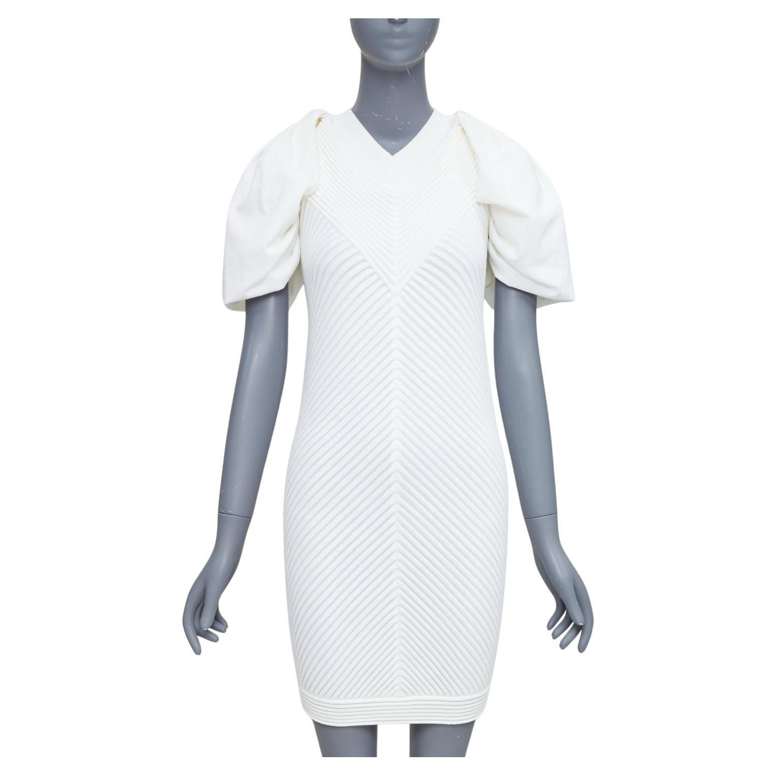 CHANEL 09P white cotton blend chevron puff sleeve CC buttons knit dress FR34 XS For Sale