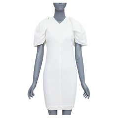 CHANEL 09P blanco mezcla de algodón chevron manga abullonada CC botones vestido de punto FR34 XS
