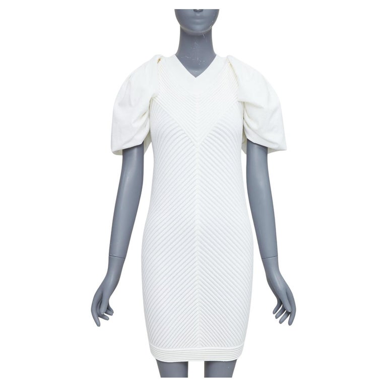 CHANEL 09P white cotton blend chevron puff sleeve CC buttons knit dress  FR34 XS