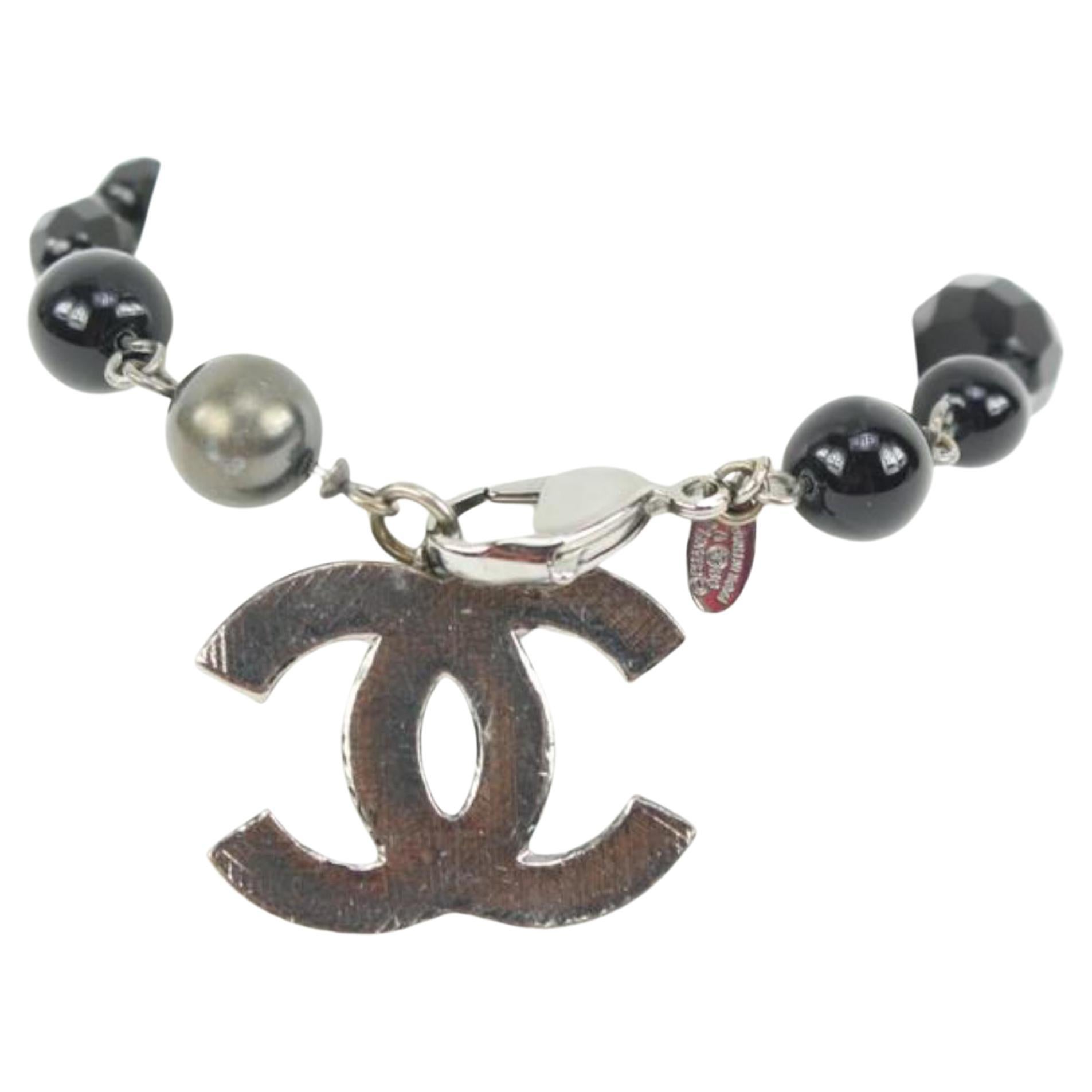 Chanel 09V Jumbo CC Black Pearl x Silver Chain Bracelet 33ck321s For Sale