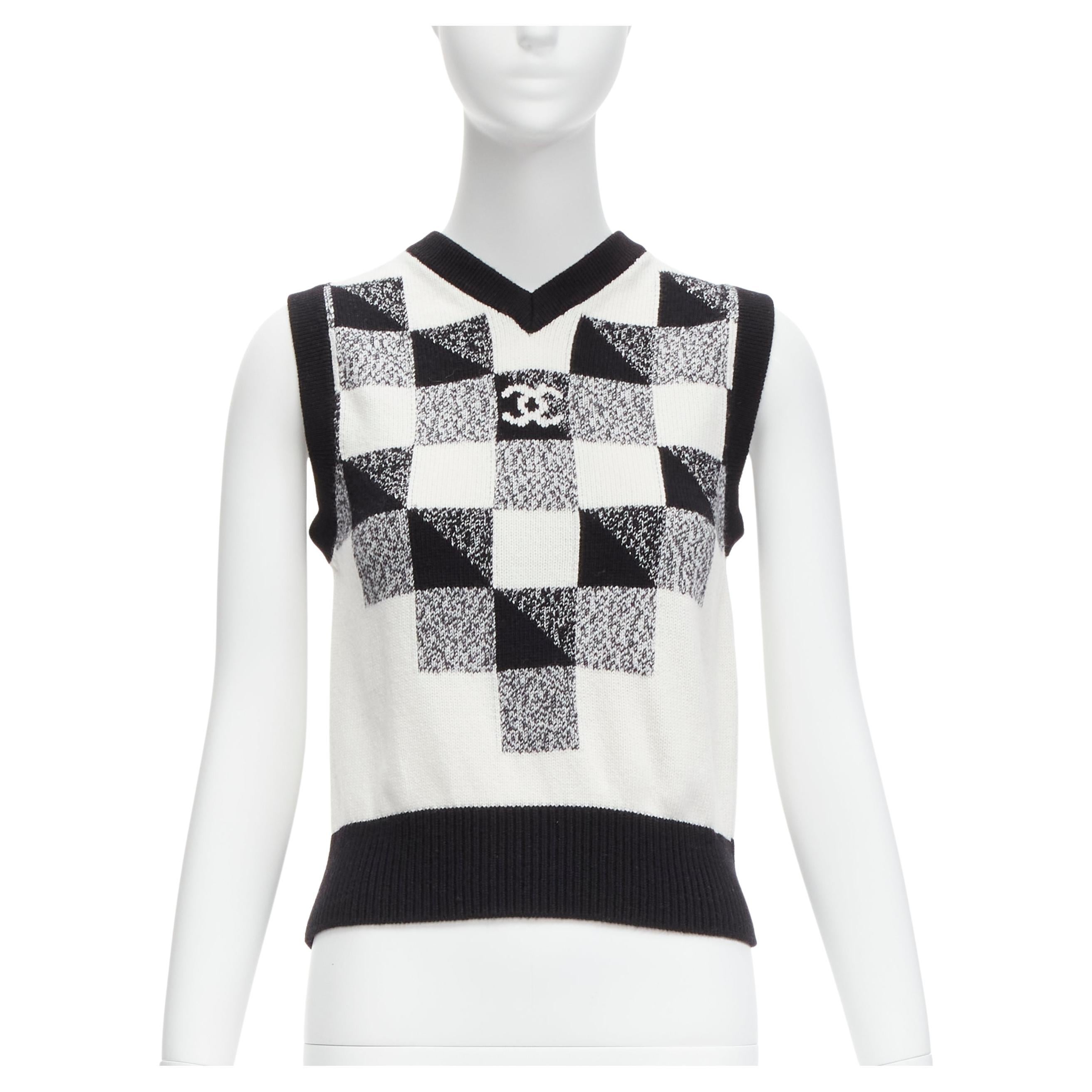 Chanel 100% Cashmere Black White Graphic Check CC Logo Sweater Vest FR36 S