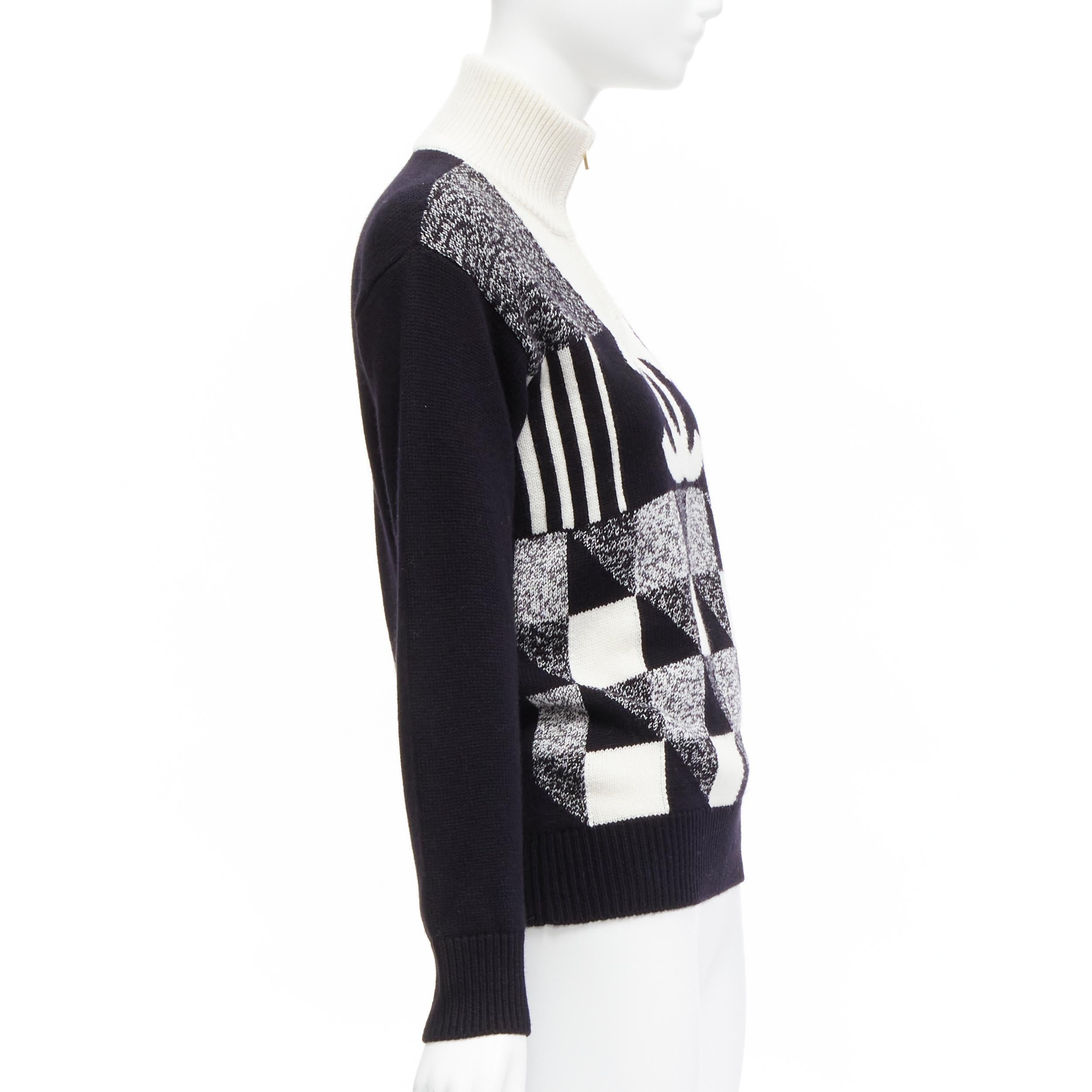 Women's CHANEL 100% cashmere black white graphic checks CC logo half zip sweater FR34 XS