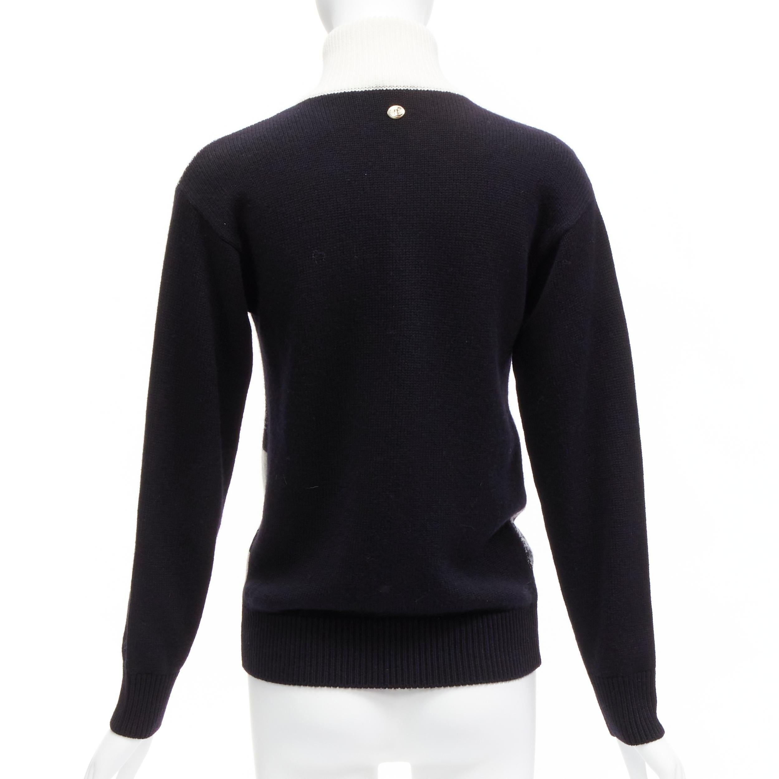 CHANEL 100% cashmere black white graphic checks CC logo half zip sweater FR34 XS 1