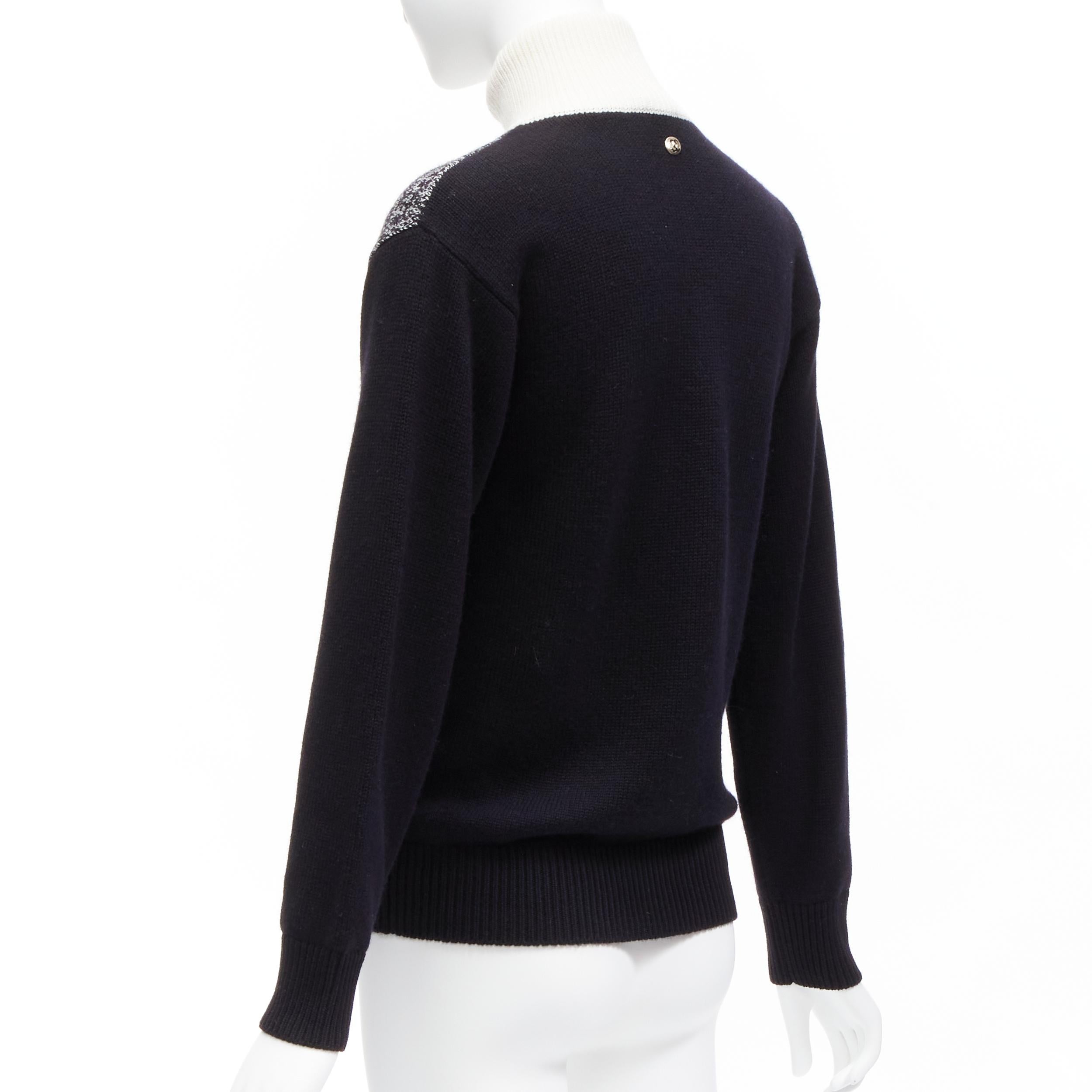 CHANEL 100% cashmere black white graphic checks CC logo half zip sweater FR34 XS 2