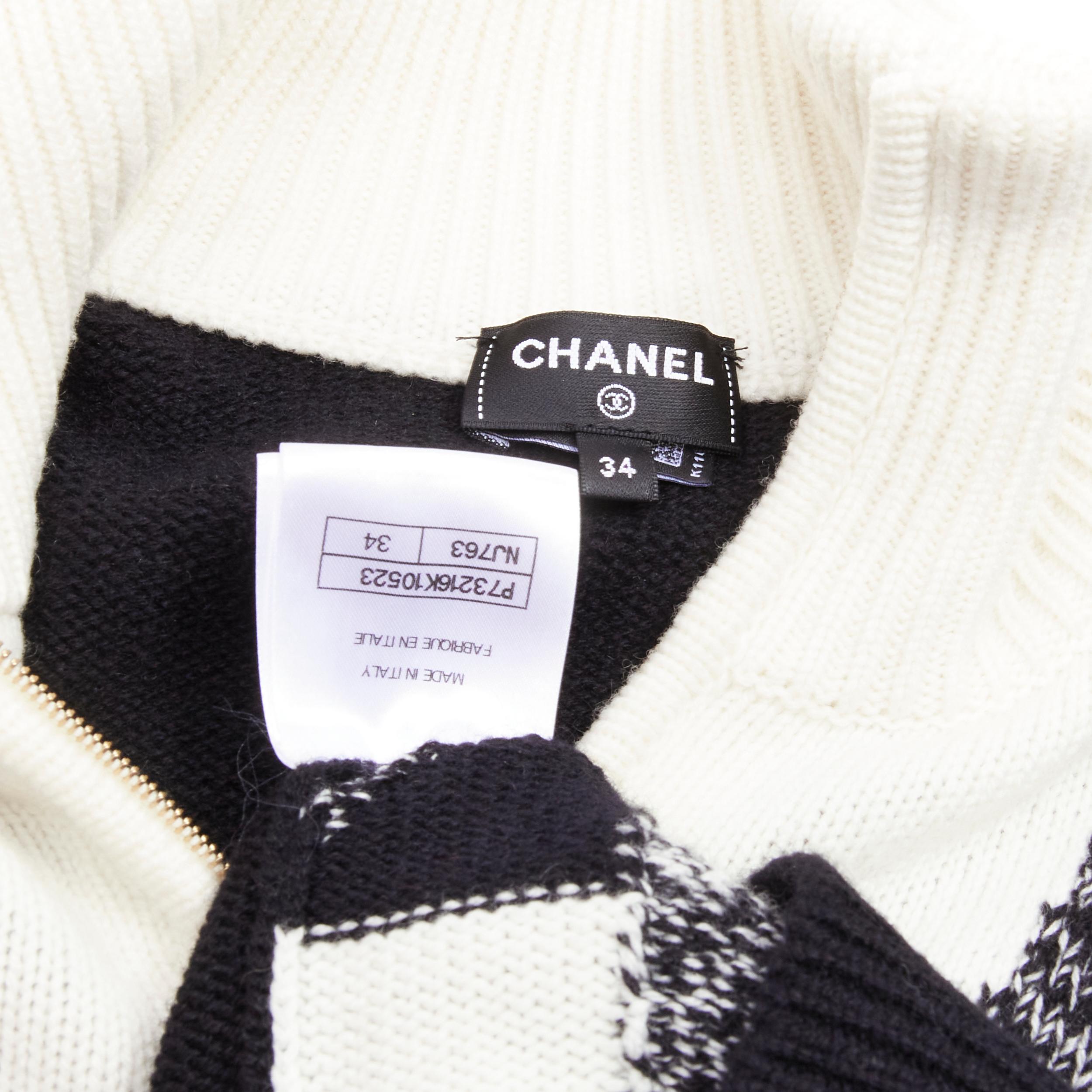 CHANEL 100% cashmere black white graphic checks CC logo half zip sweater FR34 XS 5