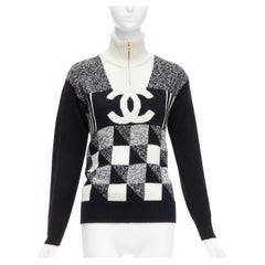 CHANEL 100% cashmere black white graphic checks CC logo half zip sweater FR34 XS