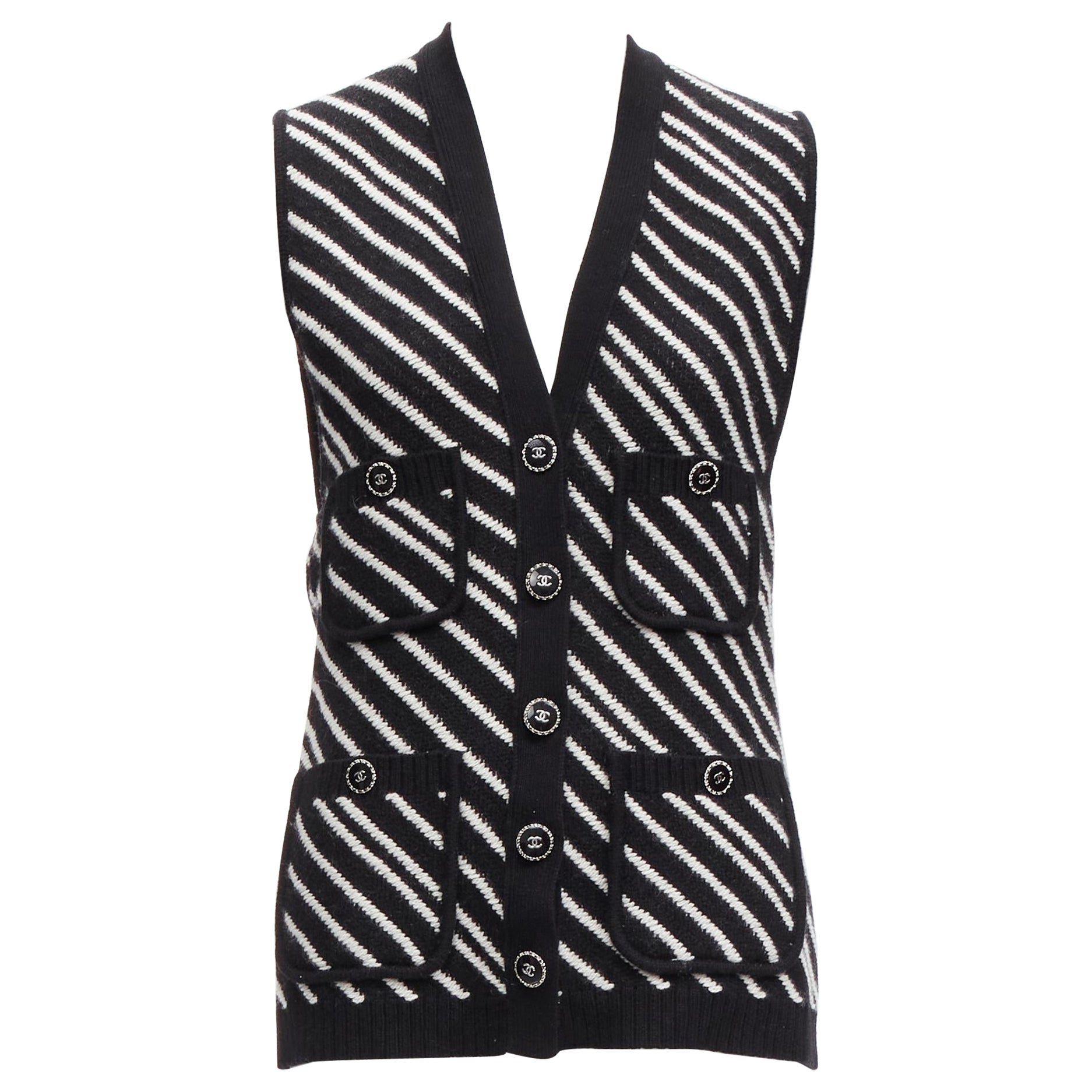 CHANEL 100% cachemir negro blanco rayas gráficas chaqueta chaleco 4 bolsillos FR34 XS