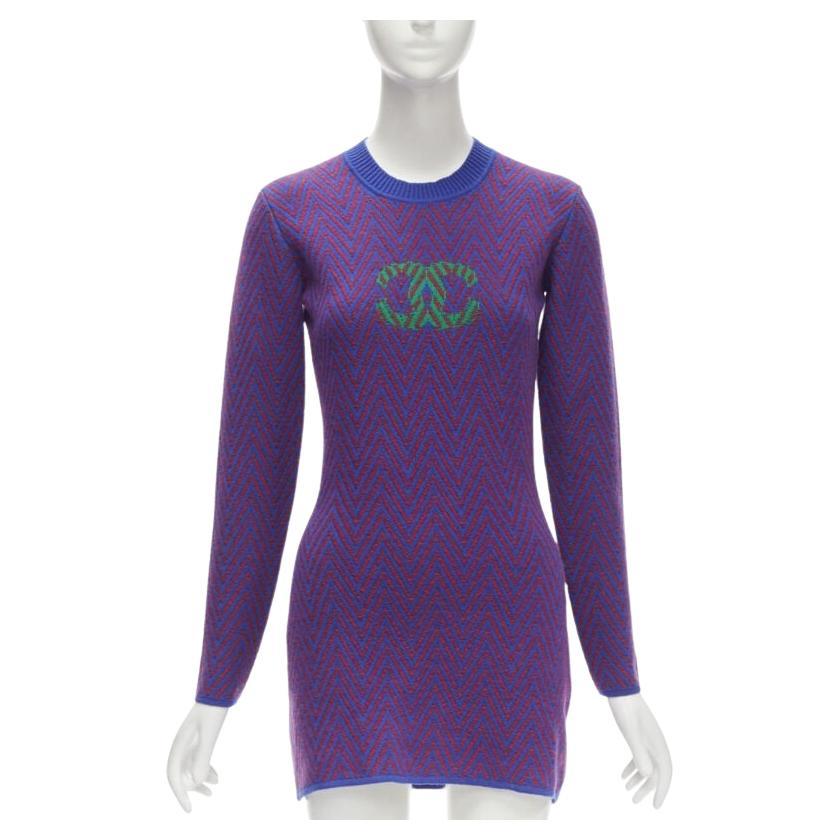 CHANEL 100% cashmere blu rosso chevron verde logo CC spilla abito FR34 XS