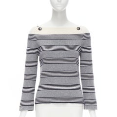 CHANEL 100% cashmere cream blue nautical stripe CC chain off shoulder sweater