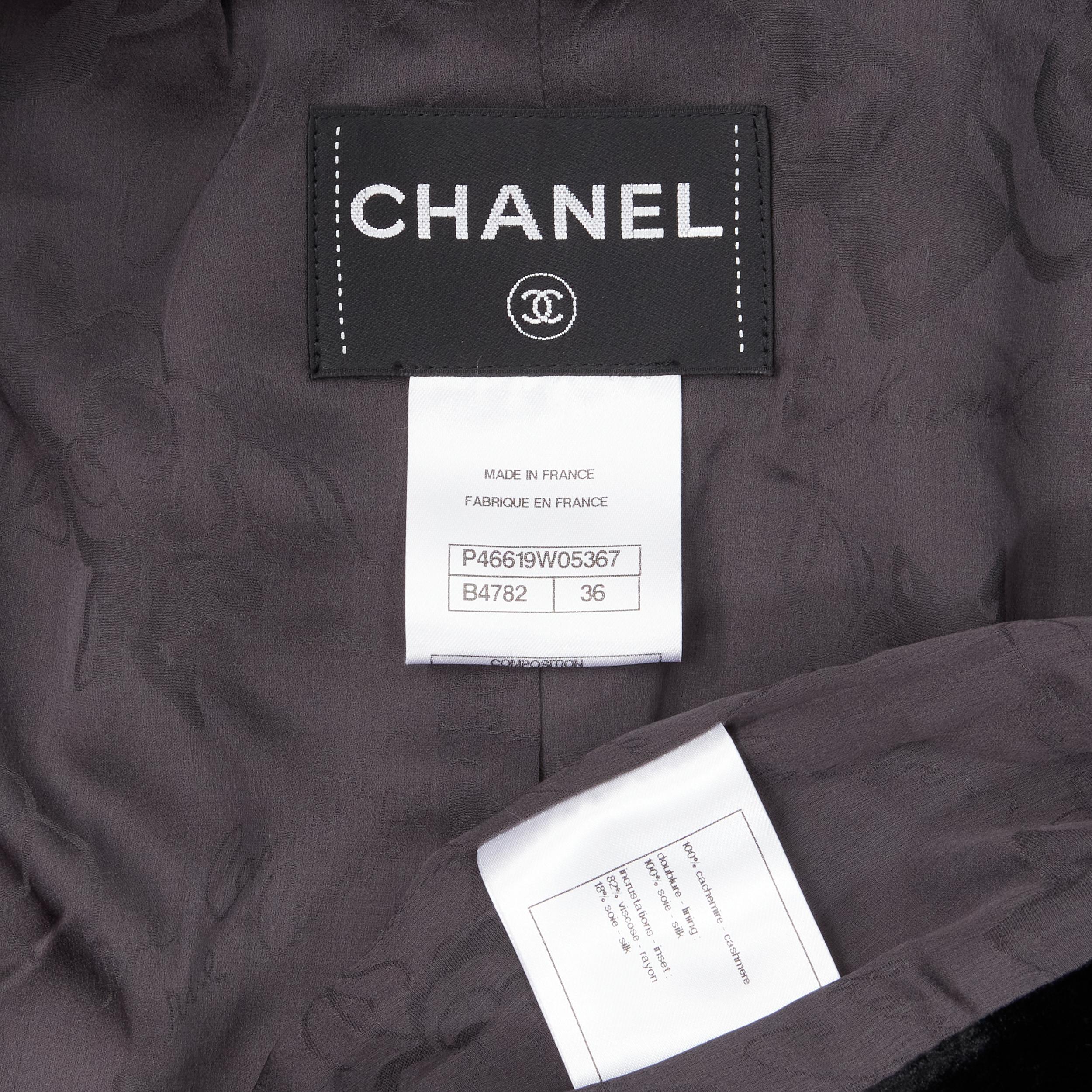 CHANEL 100% cashmere grey black velvet trimmed CC chain button rounded blazer  5