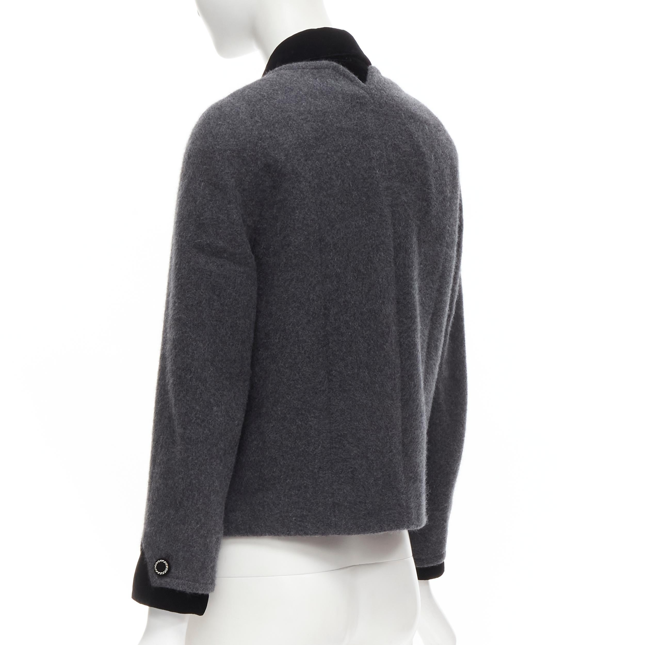 CHANEL 100% cashmere grey black velvet trimmed CC chain button rounded blazer  1