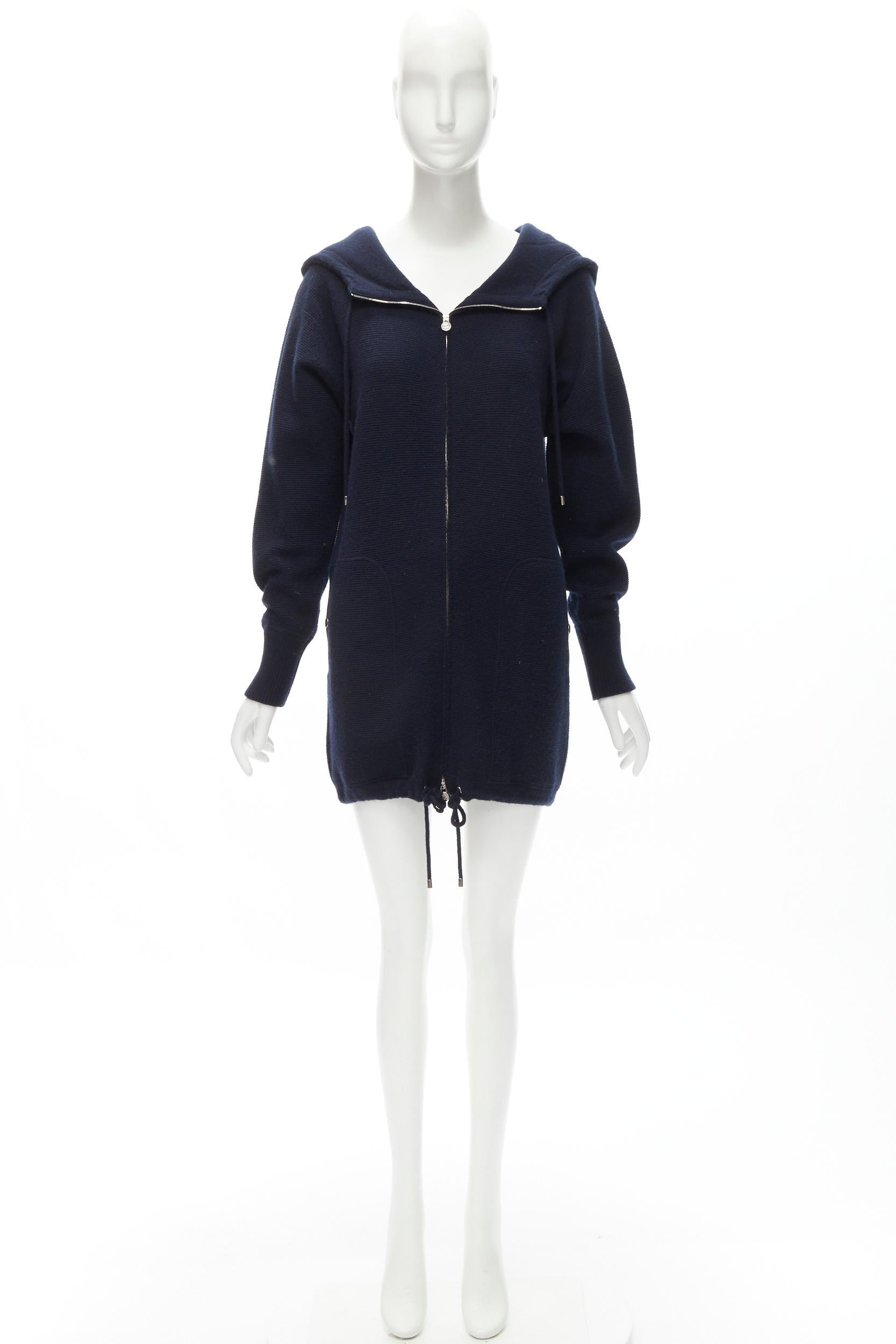 CHANEL 100% cashmere navy silver CC zip up hooded sweater FR34 XS For Sale 7