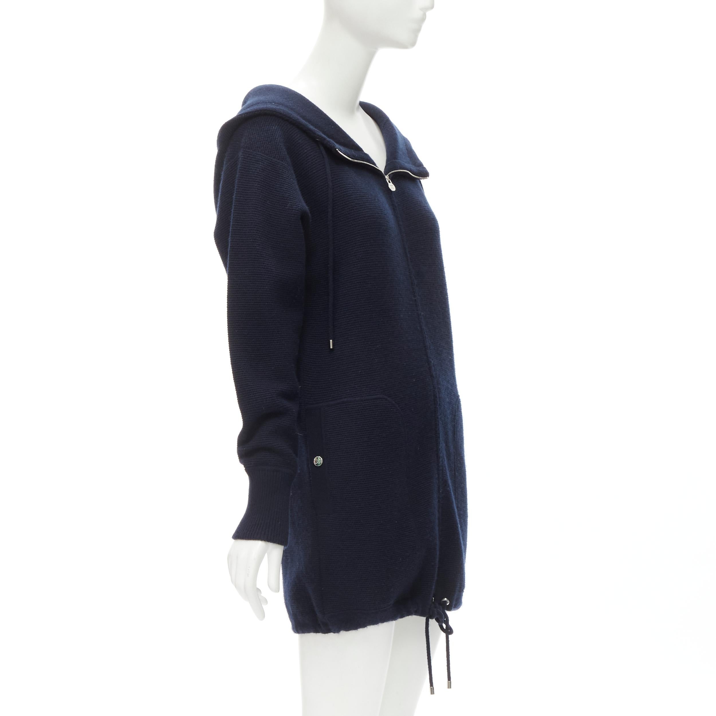 CHANEL 100% cashmere navy silver CC zip up hooded sweater FR34 XS In Excellent Condition For Sale In Hong Kong, NT