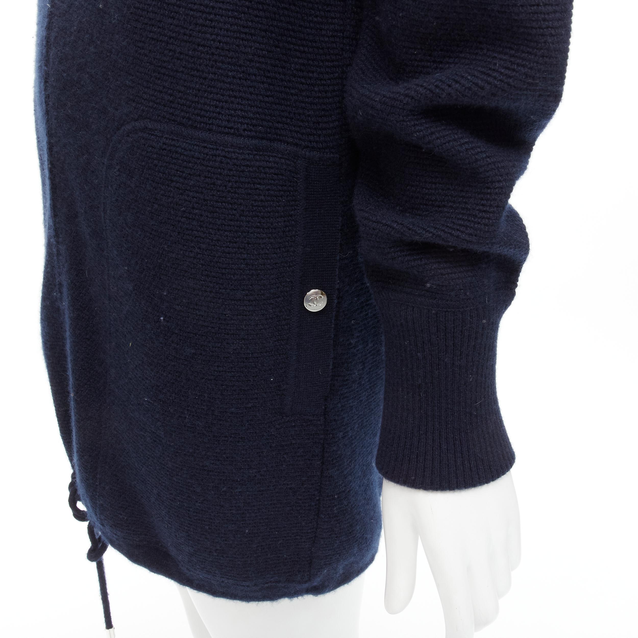 CHANEL 100% cashmere navy silver CC zip up hooded sweater FR34 XS For Sale 3