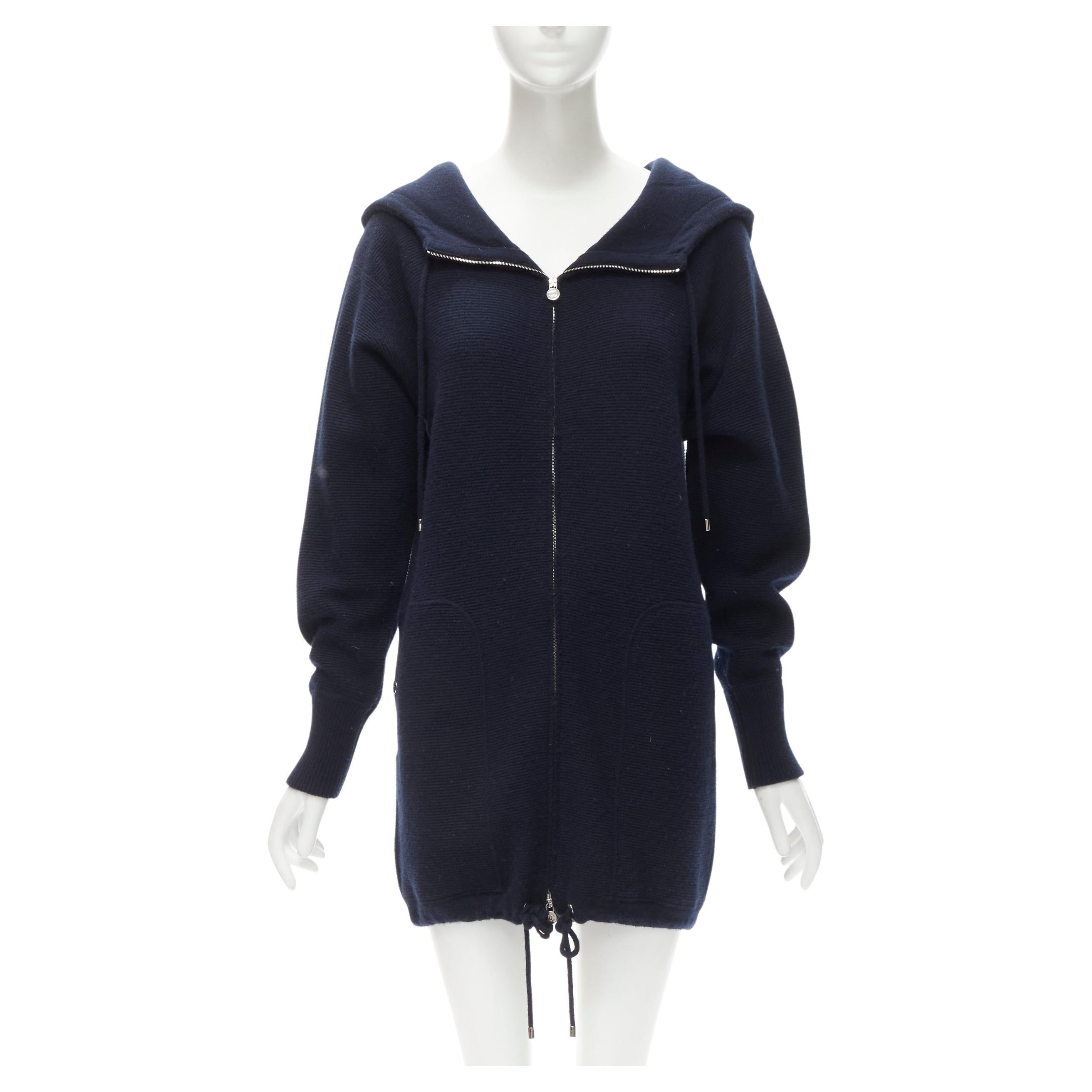 CHANEL 100% cashmere navy silver CC zip up hooded sweater FR34 XS For Sale