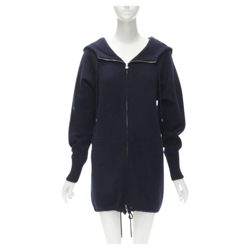 CHANEL Pull à capuche zippé 100% cachemire marine argenté CC FR34 XS